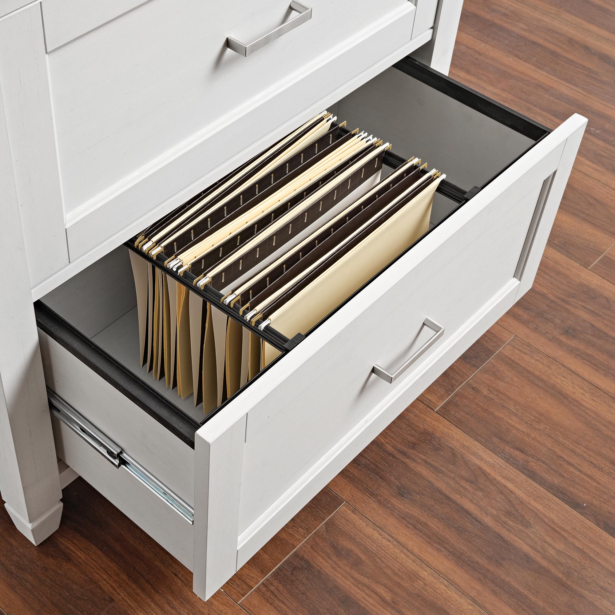 Eureka Ergonomic Ark Es 29 White File Cabinet Drawer Open With Files. Modern Home Office Storage Solution.