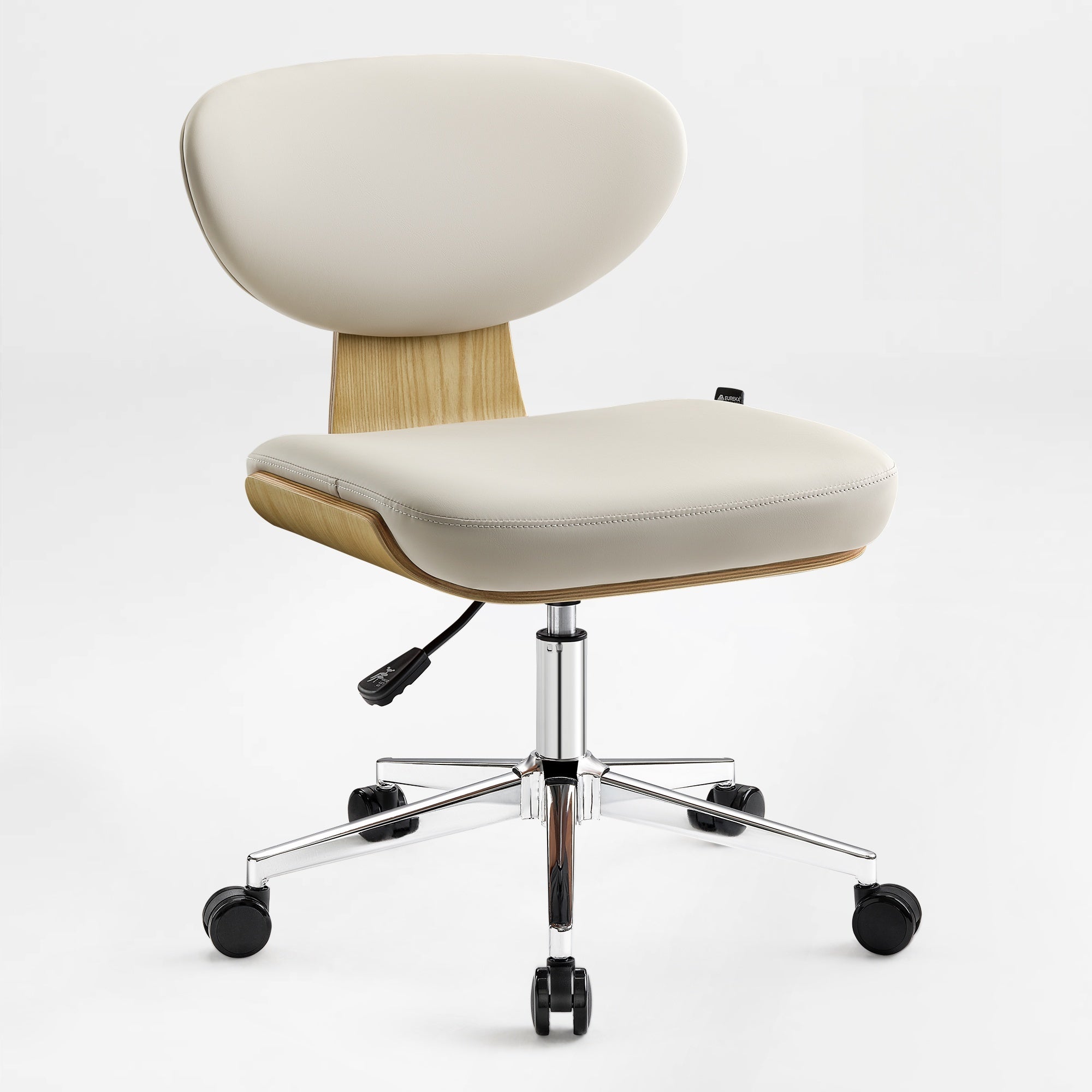 Eureka Ergonomic Off-white faux leather ergonomic armless office chair with light wood veneer shell, chrome base, and casters. FSC certified.