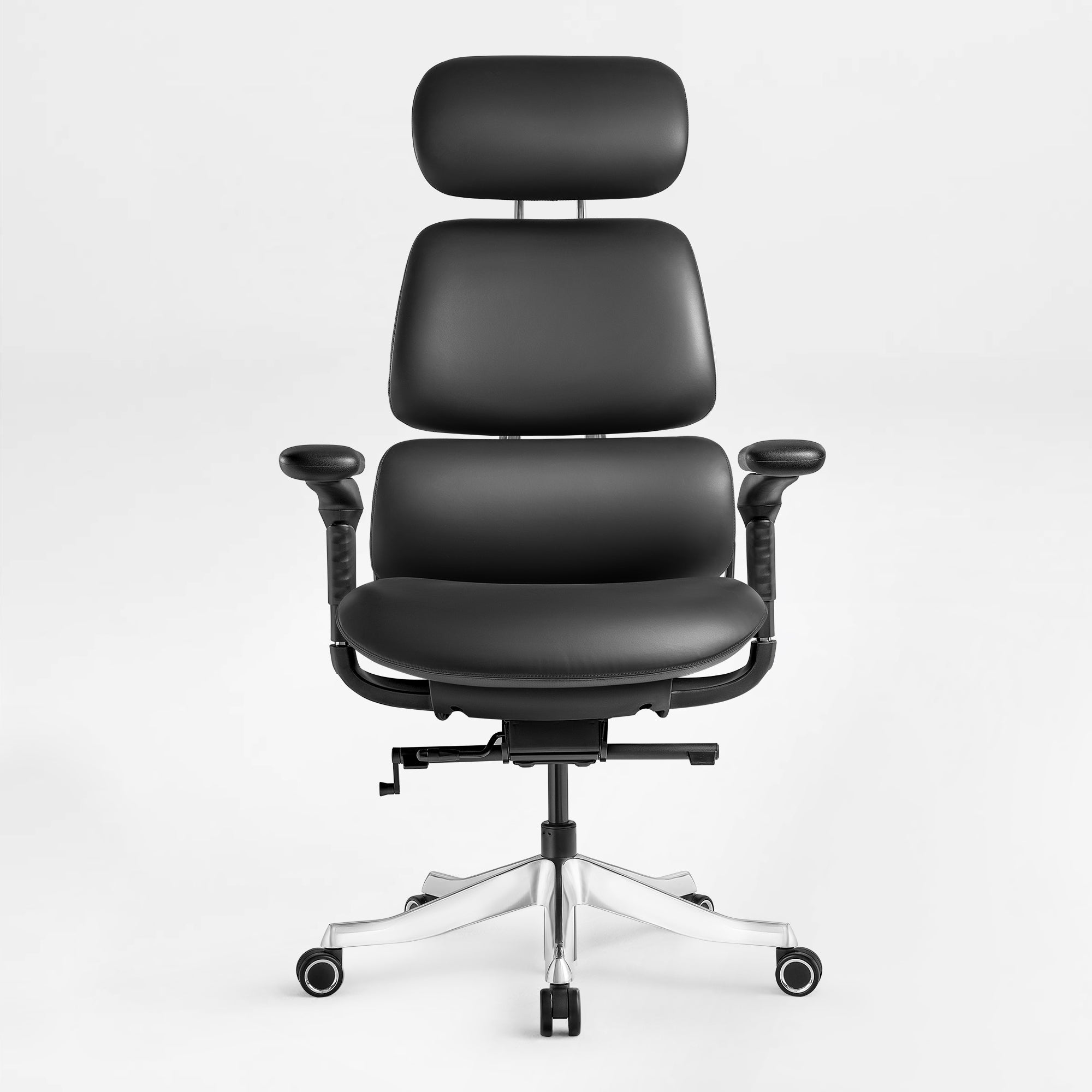 Eureka Ergonomic Black Forma ergonomic office chair front view, PU leather, adjustable headrest, aluminum base with casters.