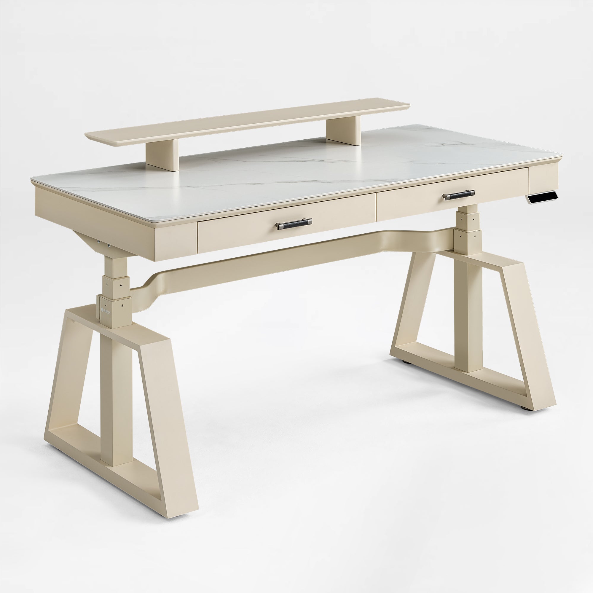 Eureka Ergonomic Ark Standing Desk with white sintered stone top and birch veneer.