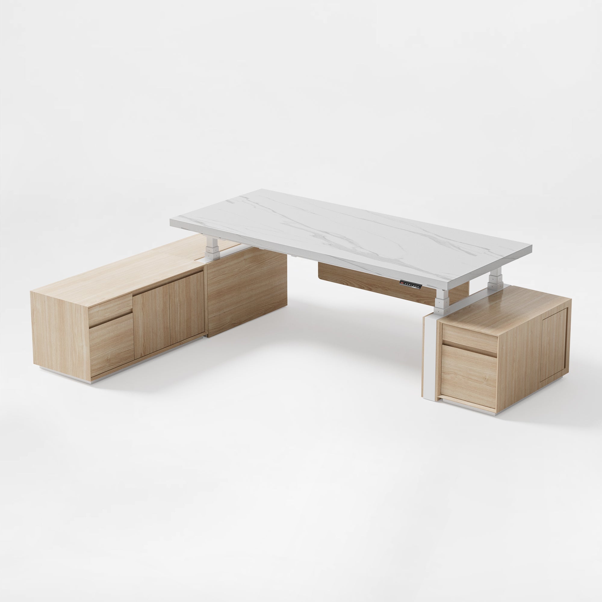 Eureka Ergonomic Zen Pro Executive Standing Desk With White Marble Top, Wood Cabinets and Adjustable Height.