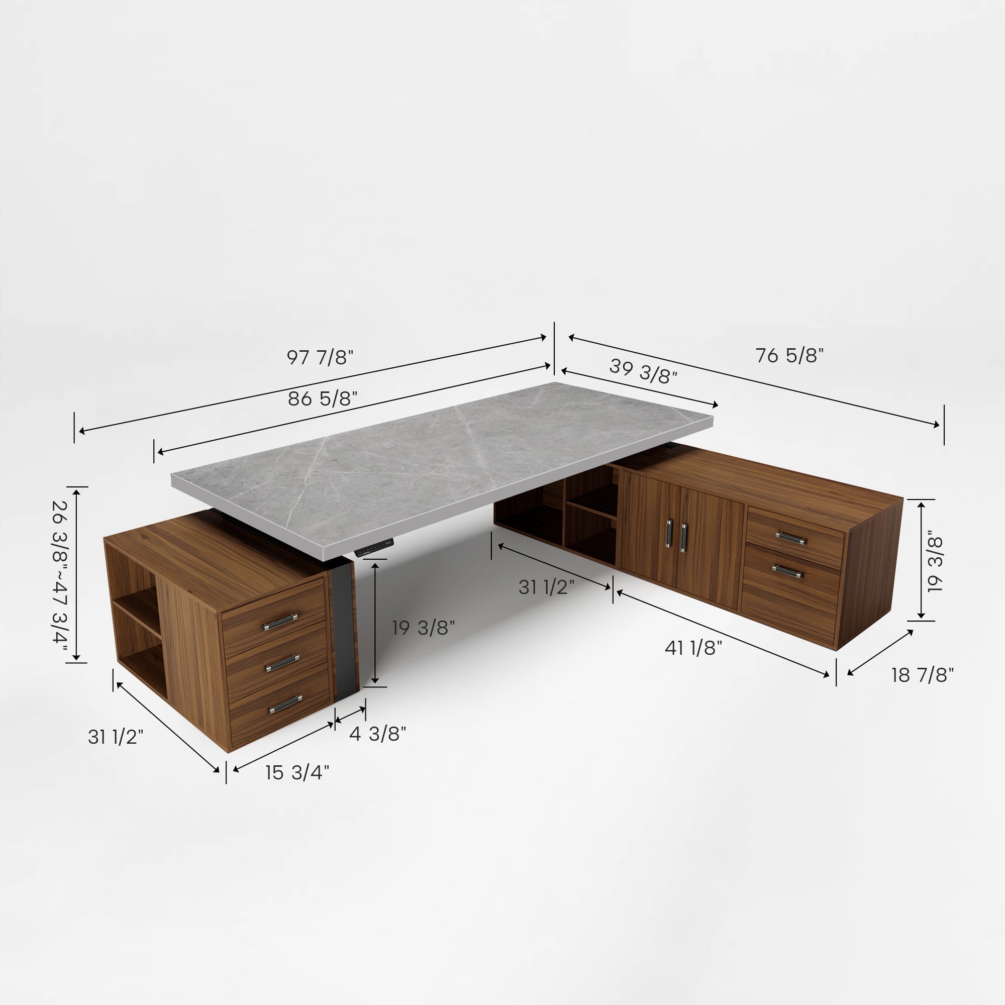 Eureka Zen Pro Executive Standing Desk, Dimensions Labeled: Black Sintered Stone Top, Wood Cabinets, Modern Design.