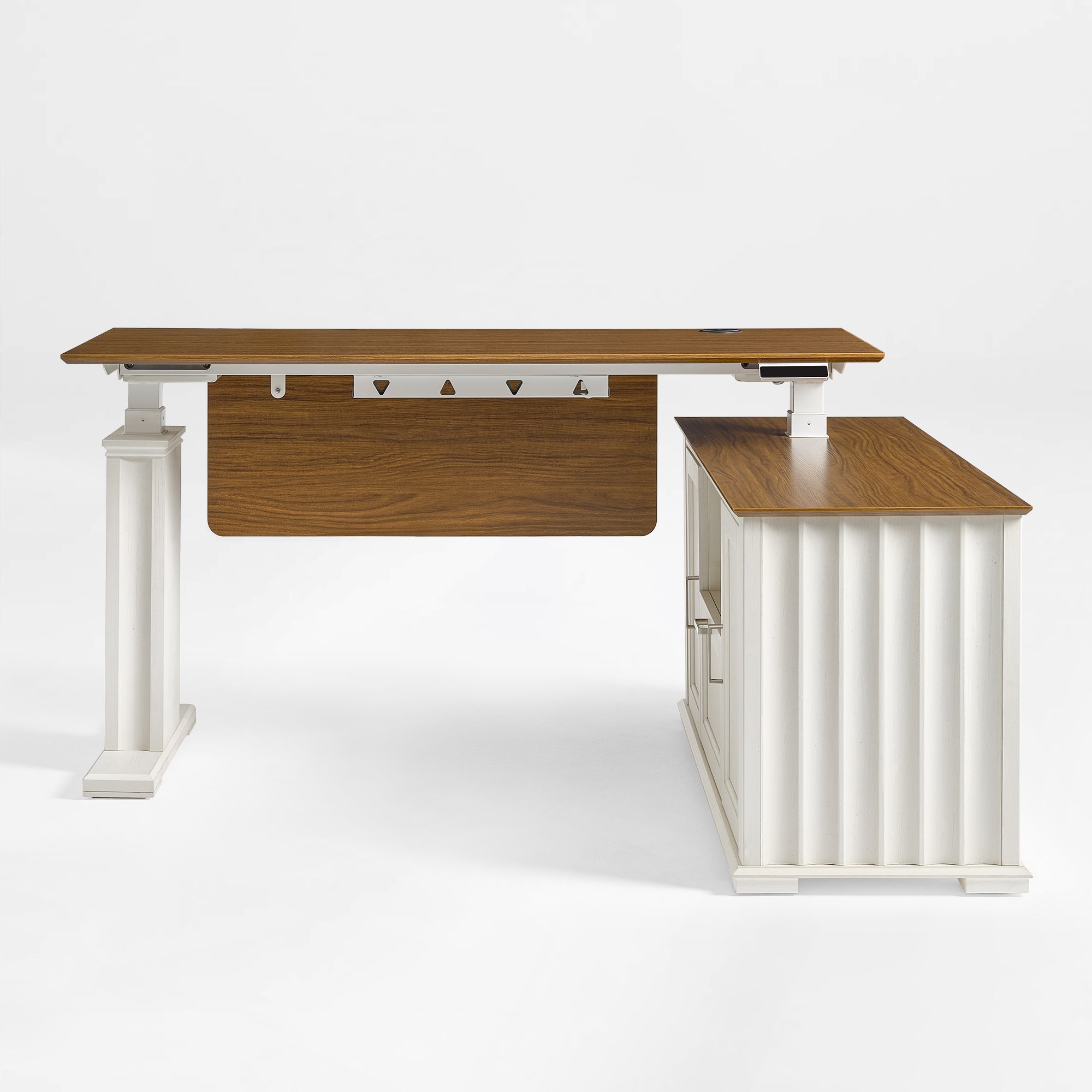 Eureka Ergonomic Ark ES Executive Standing Desk Front View with Warm Walnut and White Fluted Leg.