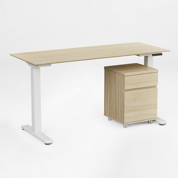 Eureka Ergonomic standing desk with light wood top and file cabinet