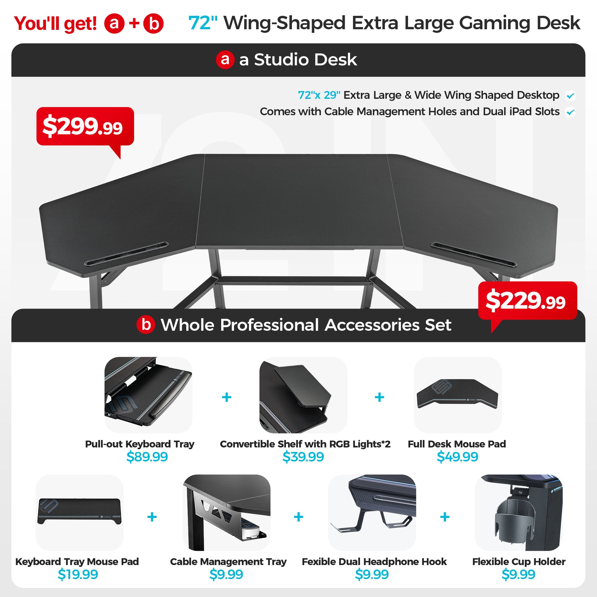 Aero Wing Shaped Studio Desk  (63" & 72'')