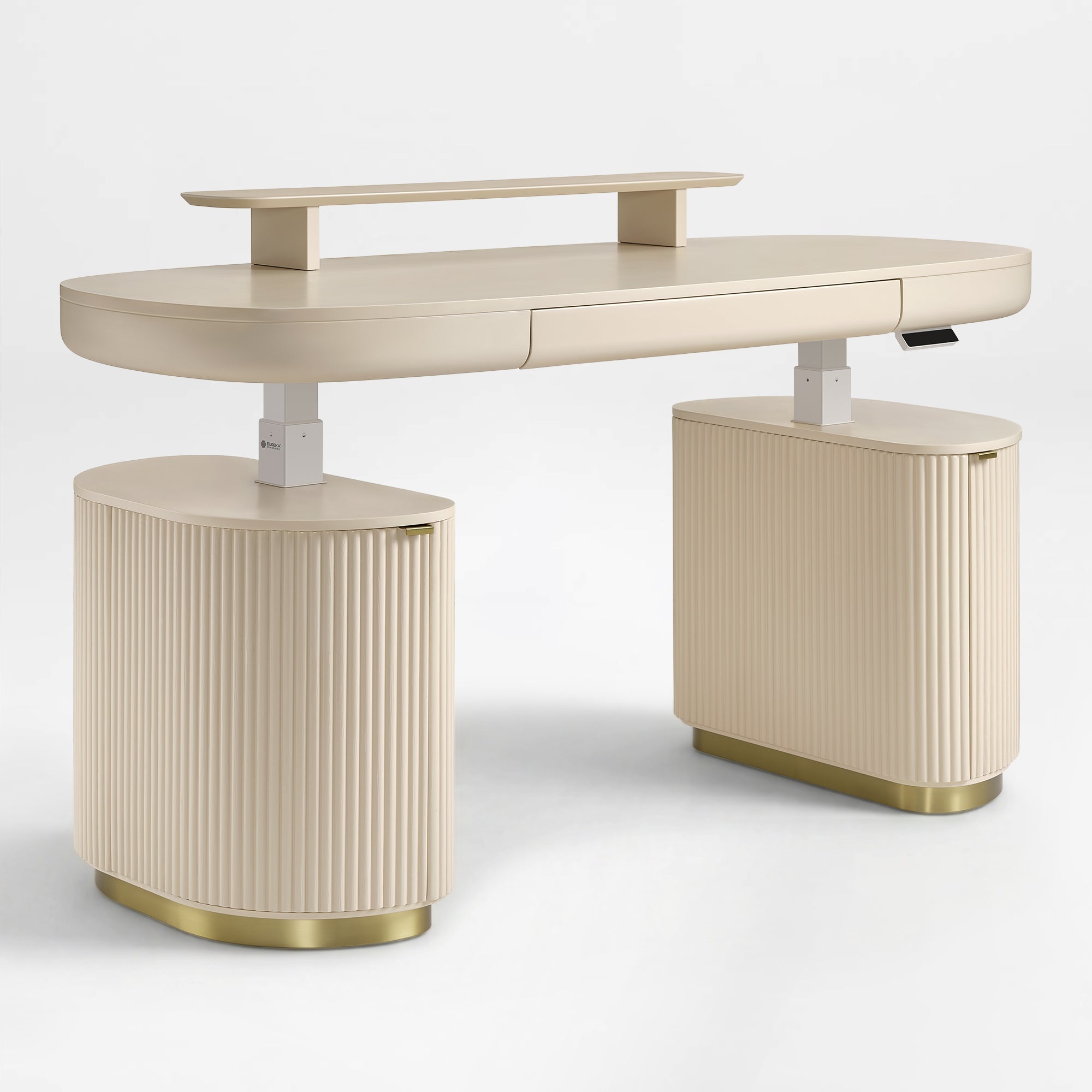 Eureka Ergonomic Opal Oval Executive Standing Desk in Light Beige. Modern Ergonomic Office Furniture.
