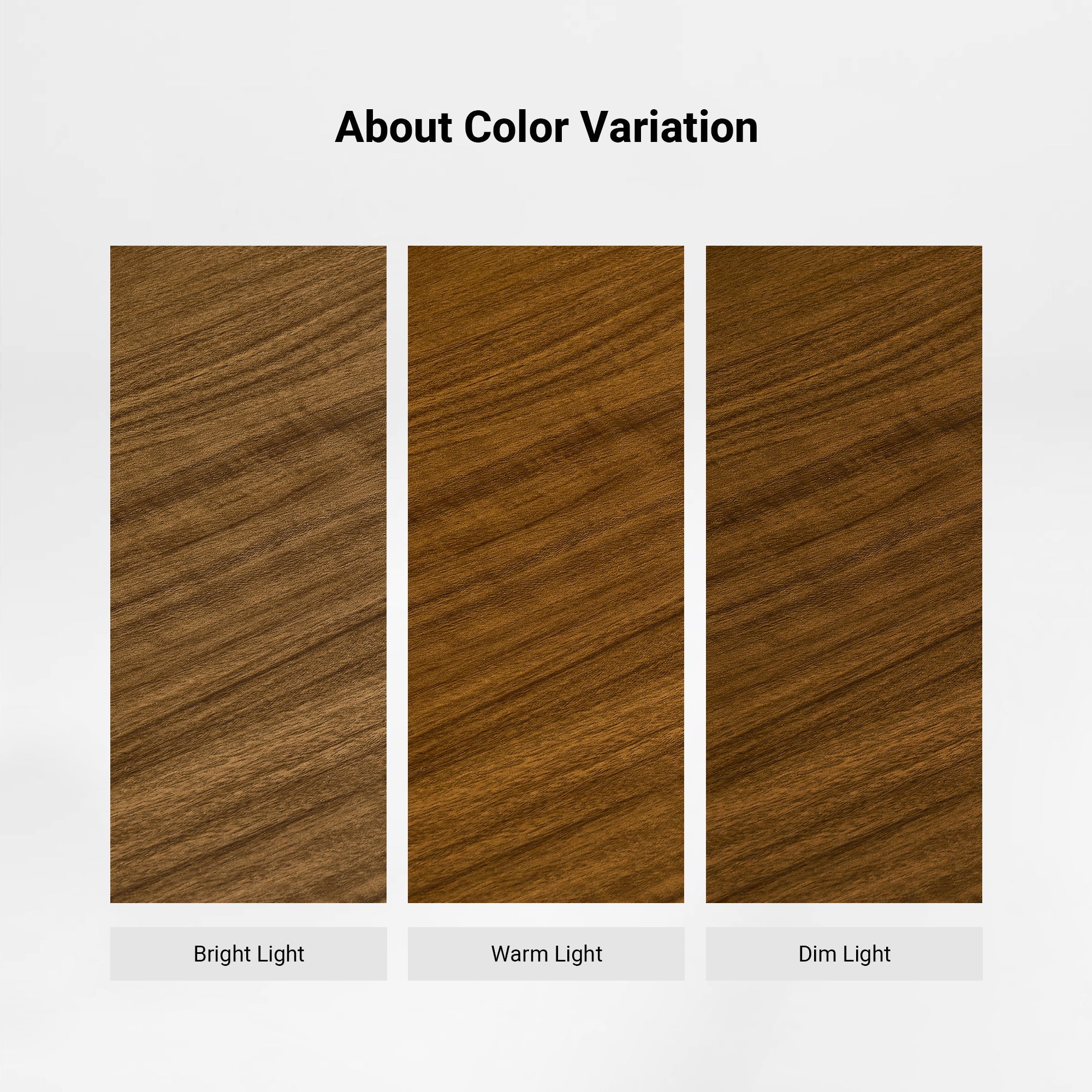 Eureka Ergonomic Ark ES Executive Standing Desk warm walnut color variation under warm, bright, and dim light.