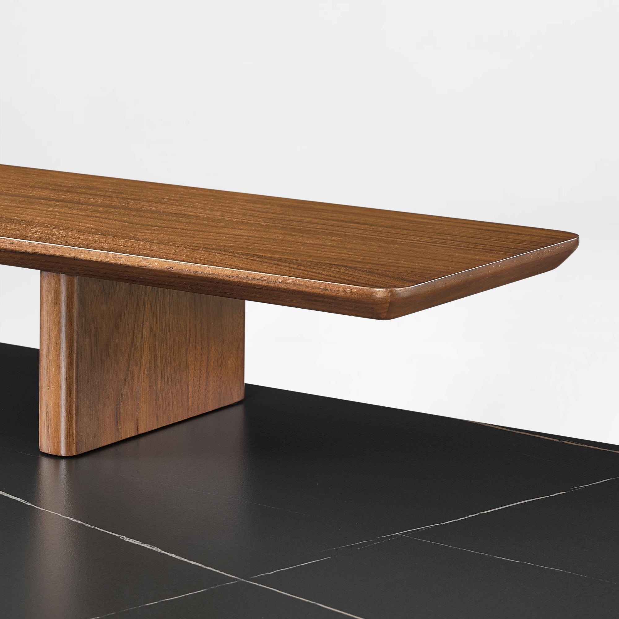 Eureka Ergonomic Ark Standing Desk Detail: Black Sintered Stone, Wood Shelf, Luxury Desk Design.
