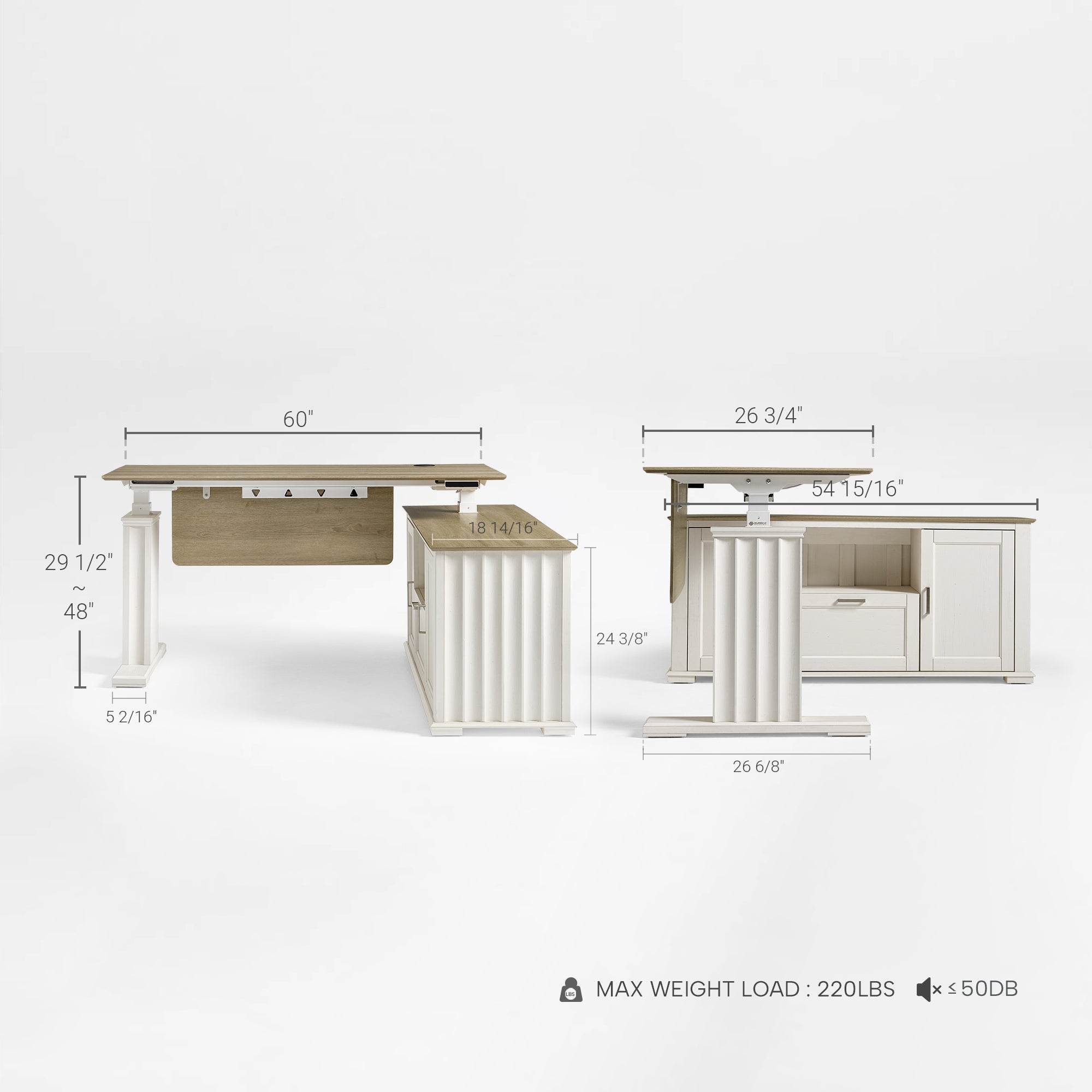 Ark ES Executive Standing Desk With Sonoma Oak Wood Finish Product Dimensions.