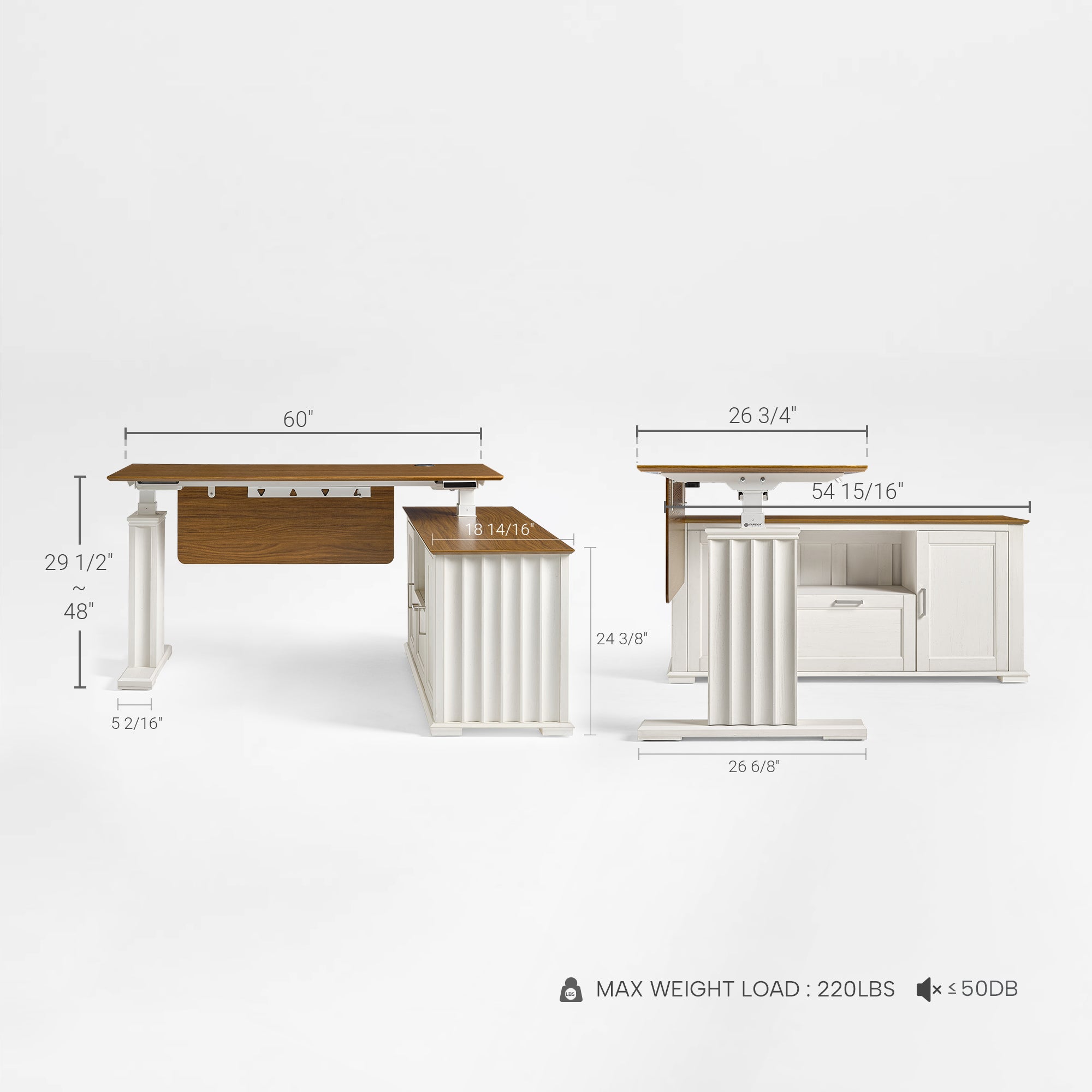 Ark ES Executive Standing Desk With Warm Walnut Wood Finish Product Dimensions.