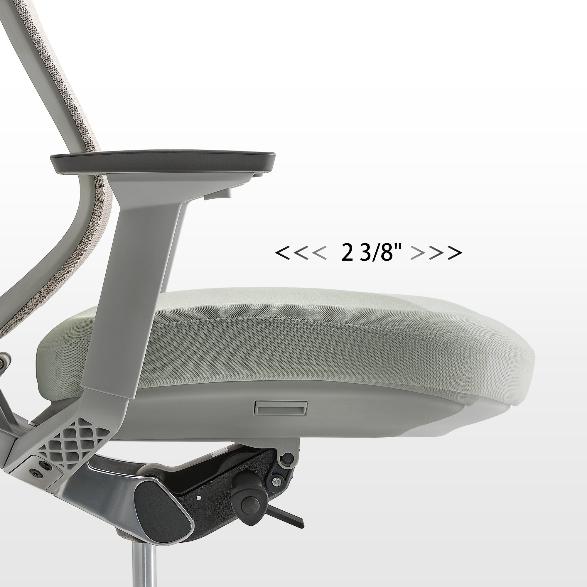 Eureka Ergonomic Lira ergonomic office chair with pale green seat, gray frame, adjustable lever, and 2 3/8" dimension.