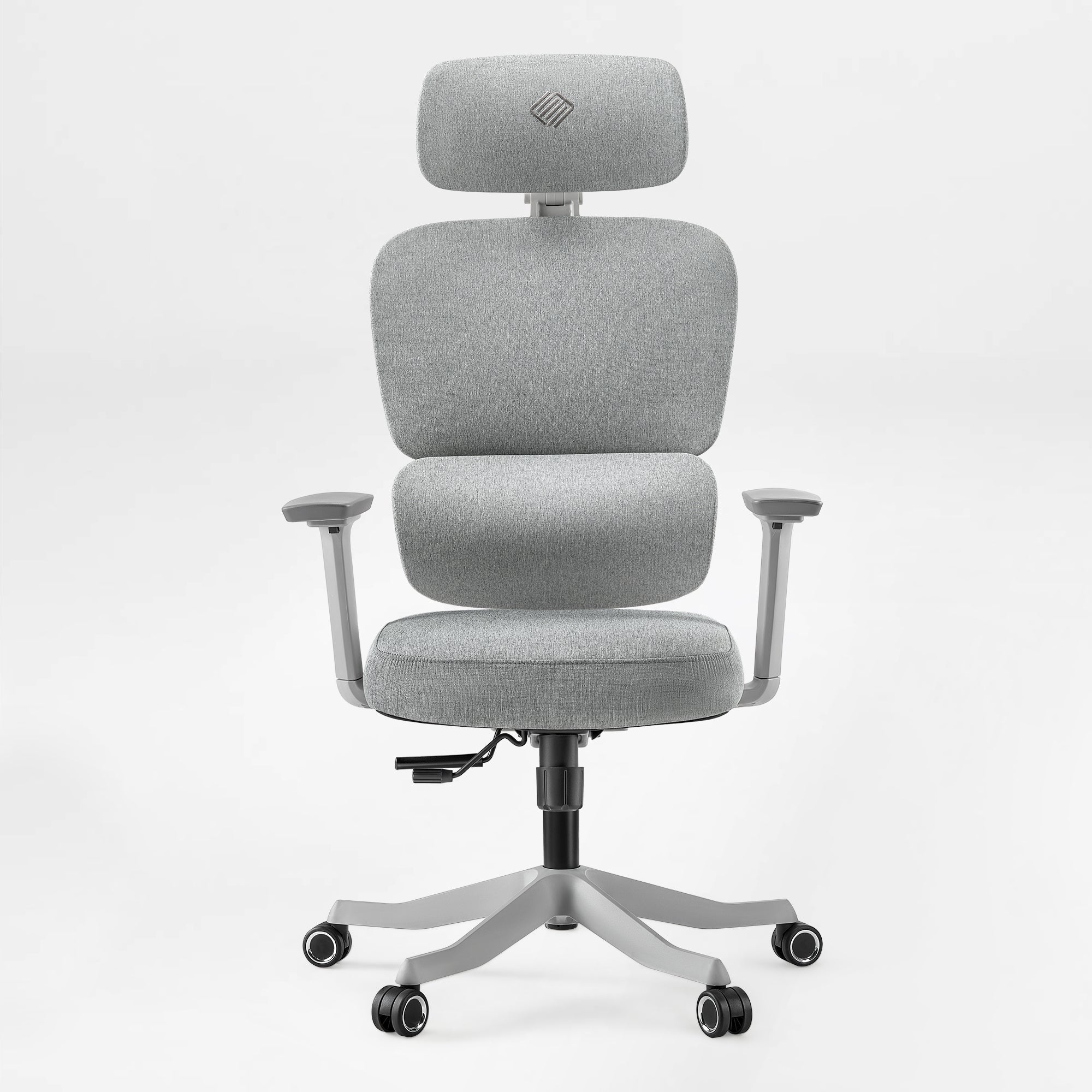Front view of a modern ergonomic office chair upholstered in heather grey fabric, showing the adjustable headrest and lumbar support. Silver Gray, Fabric