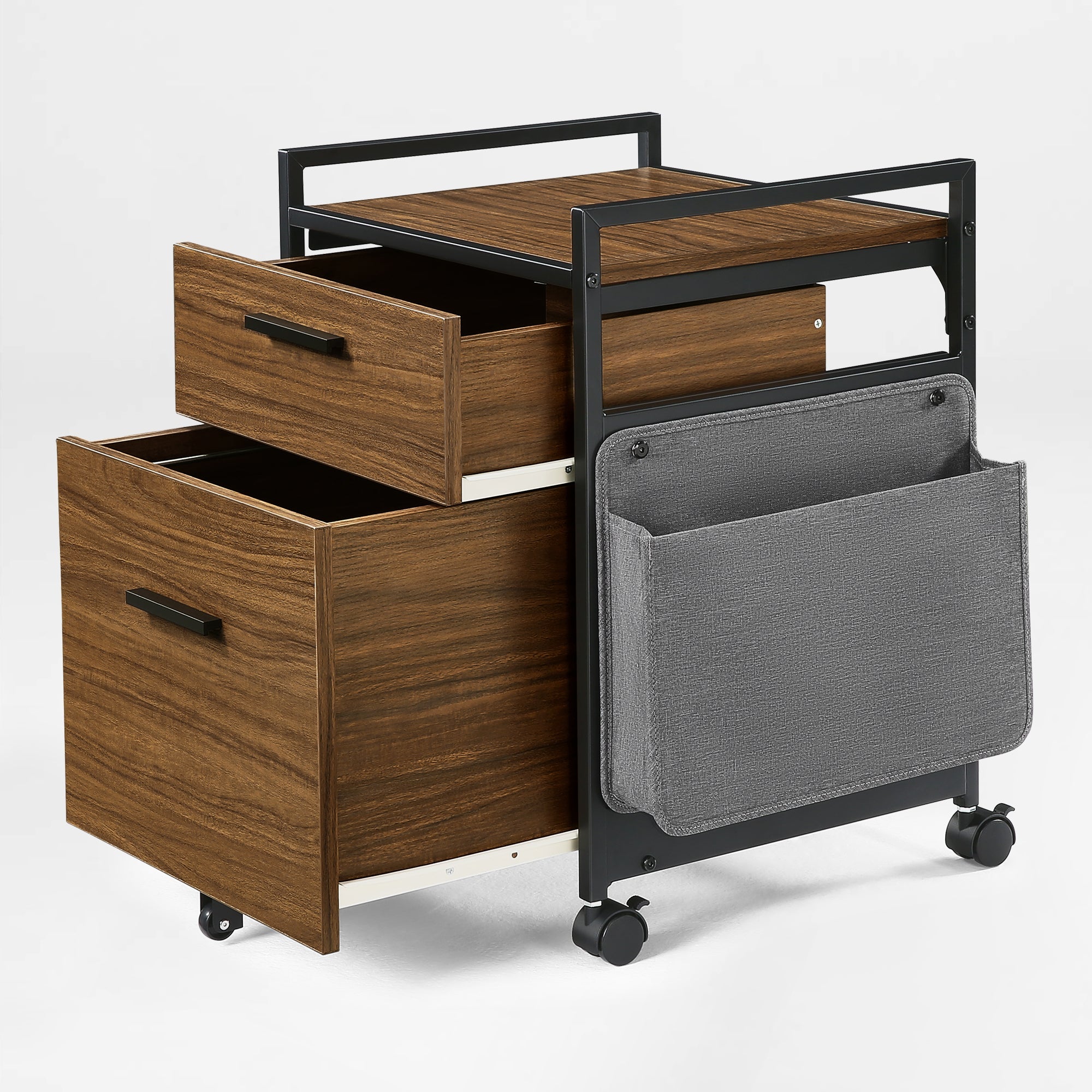 23-Inch Rolling File Cabinet in Rustic Brown With Drawer and Fabric Storage Bag.