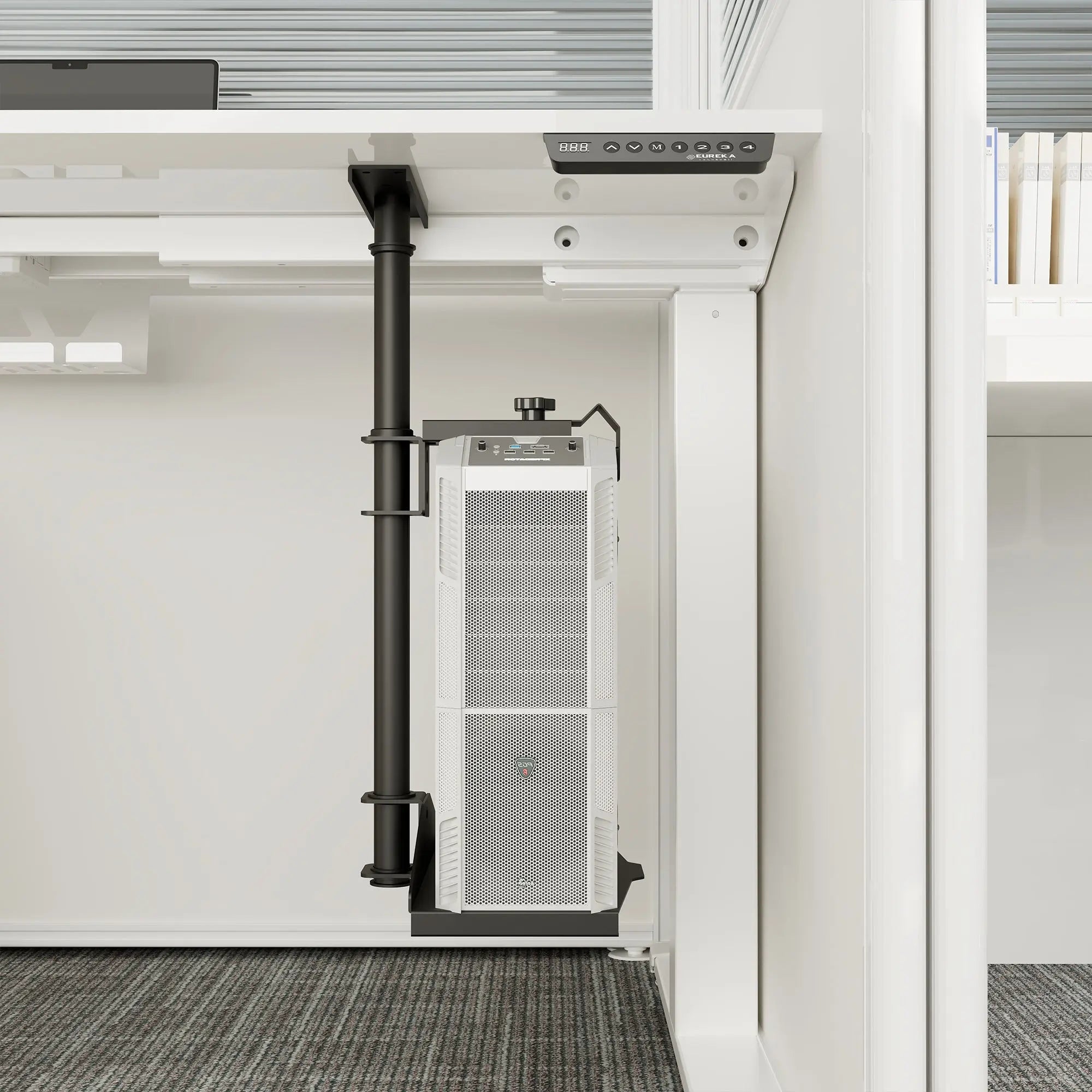 Eureka Ergonomic Height & Width Adjustable Cpu Hanger With Pc Tower, Mounted Under a White Standing Desk.