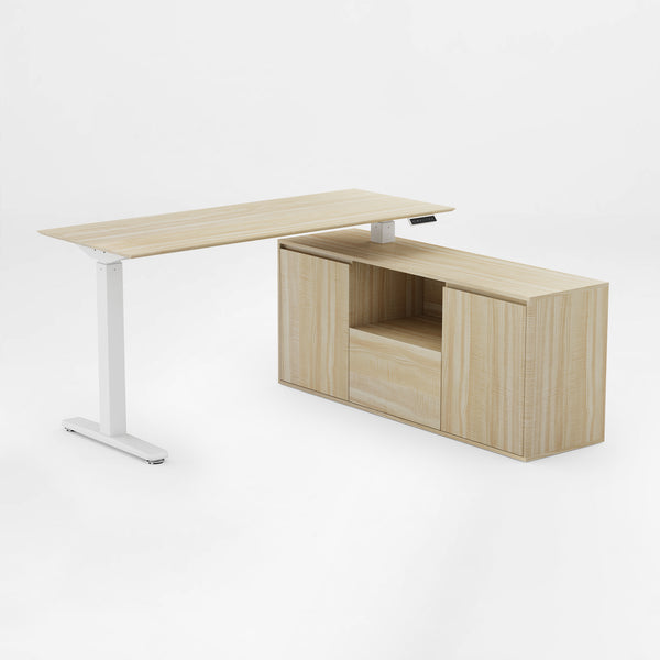 Eureka Ergonomic height-adjustable executive desk with light wood credenza