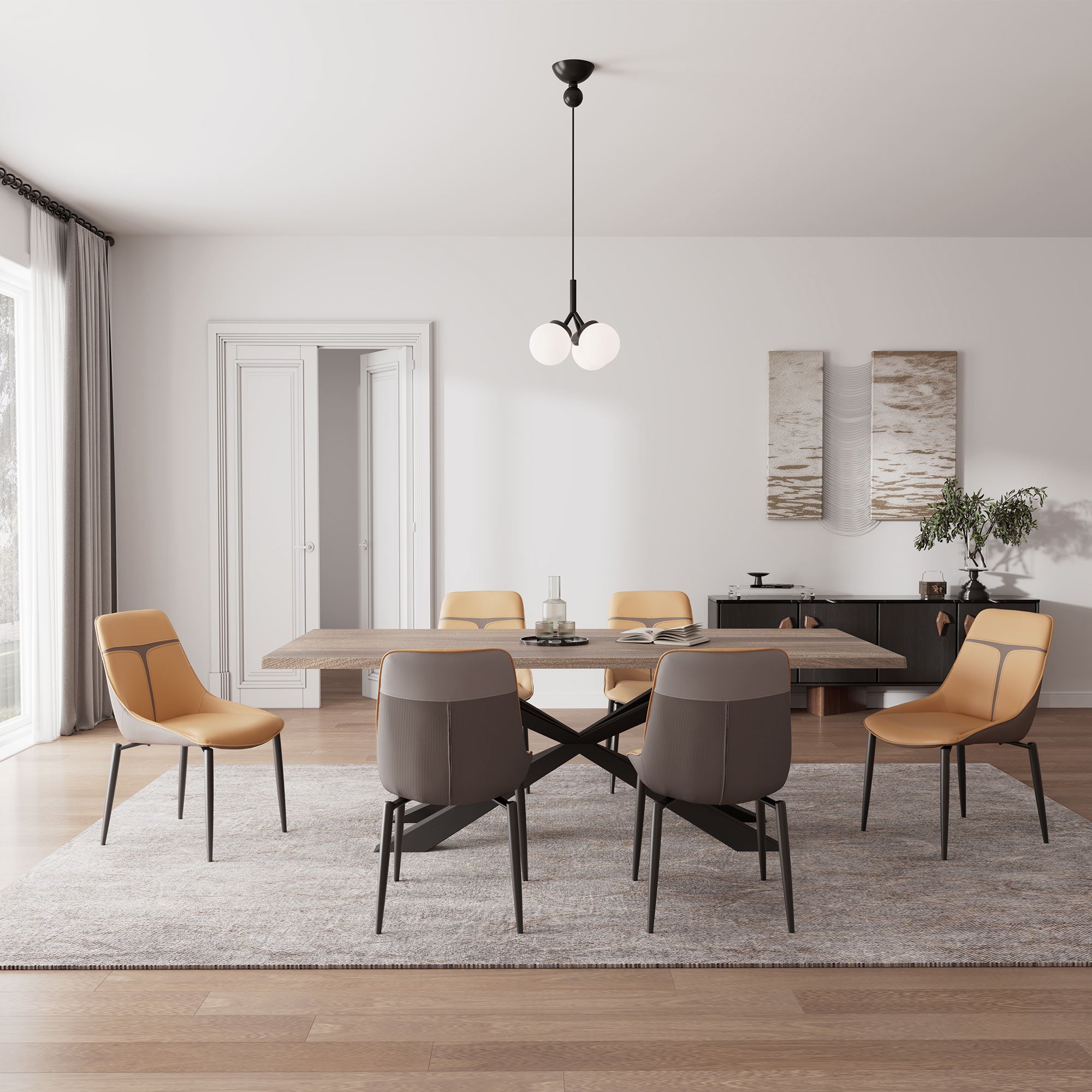 Couture Dining Set With Turmeric Leather Chairs and Gray Accents, Modern Dining Room, Ergonomic Design.