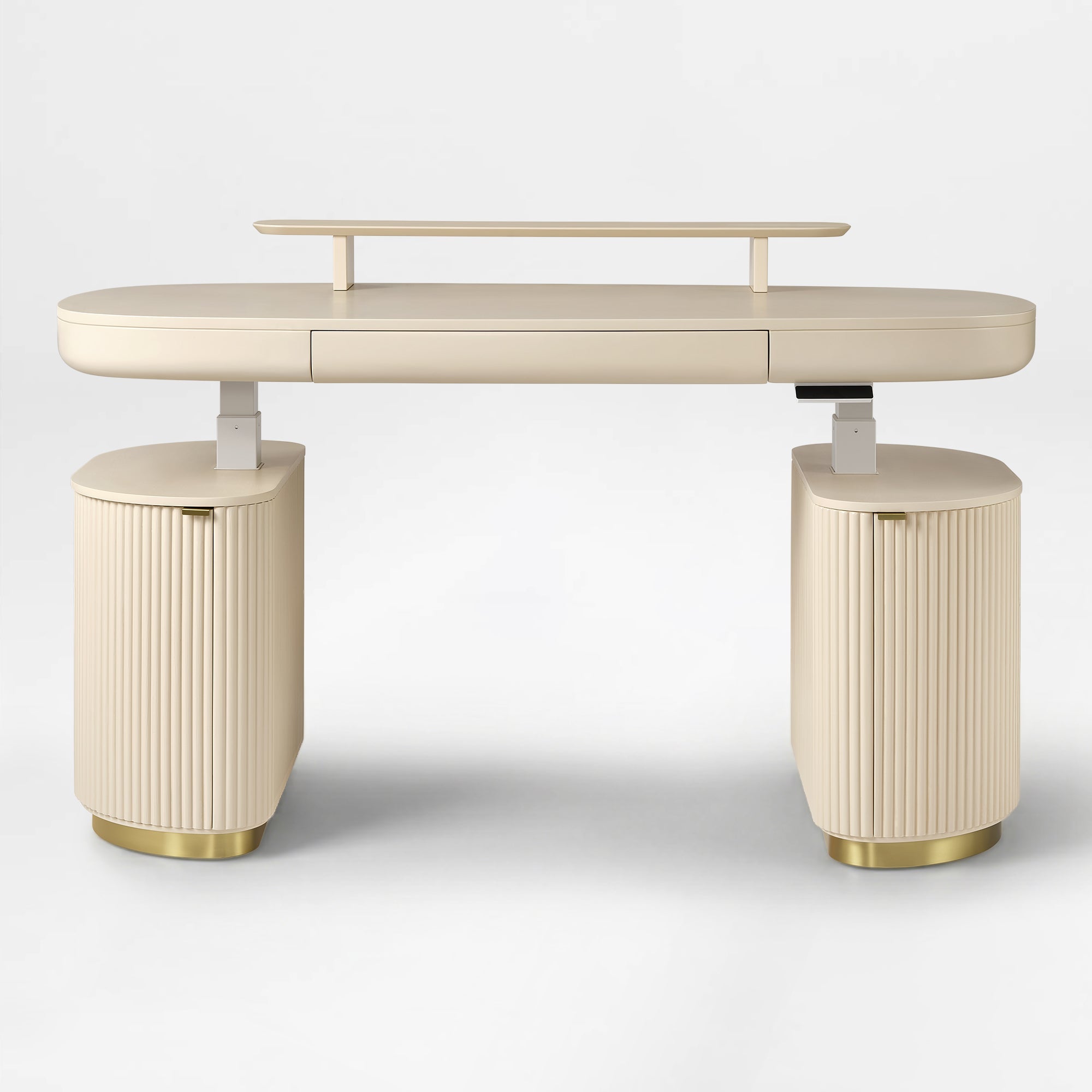 Eureka Ergonomic Opal Oval Executive Standing Desk in Light Beige With Storage Cabinets and Brass Base.