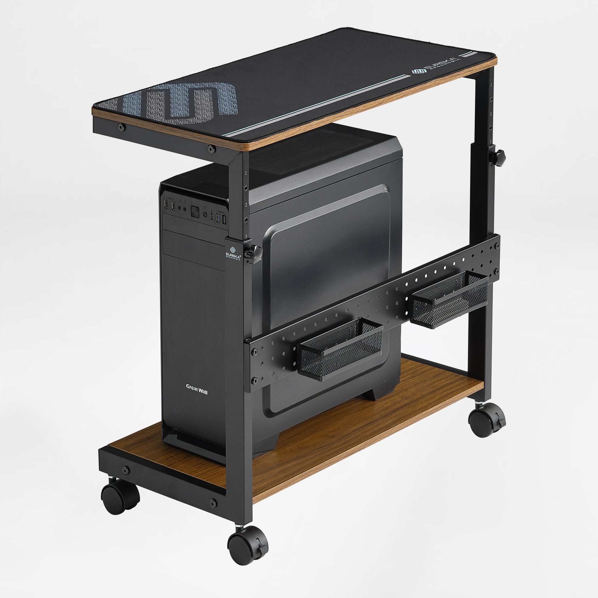 Eureka Ergonomic Mobile Cpu Cart, Black Steel Frame, Adjustable Height, With Mousepad and Rolling Wheels.