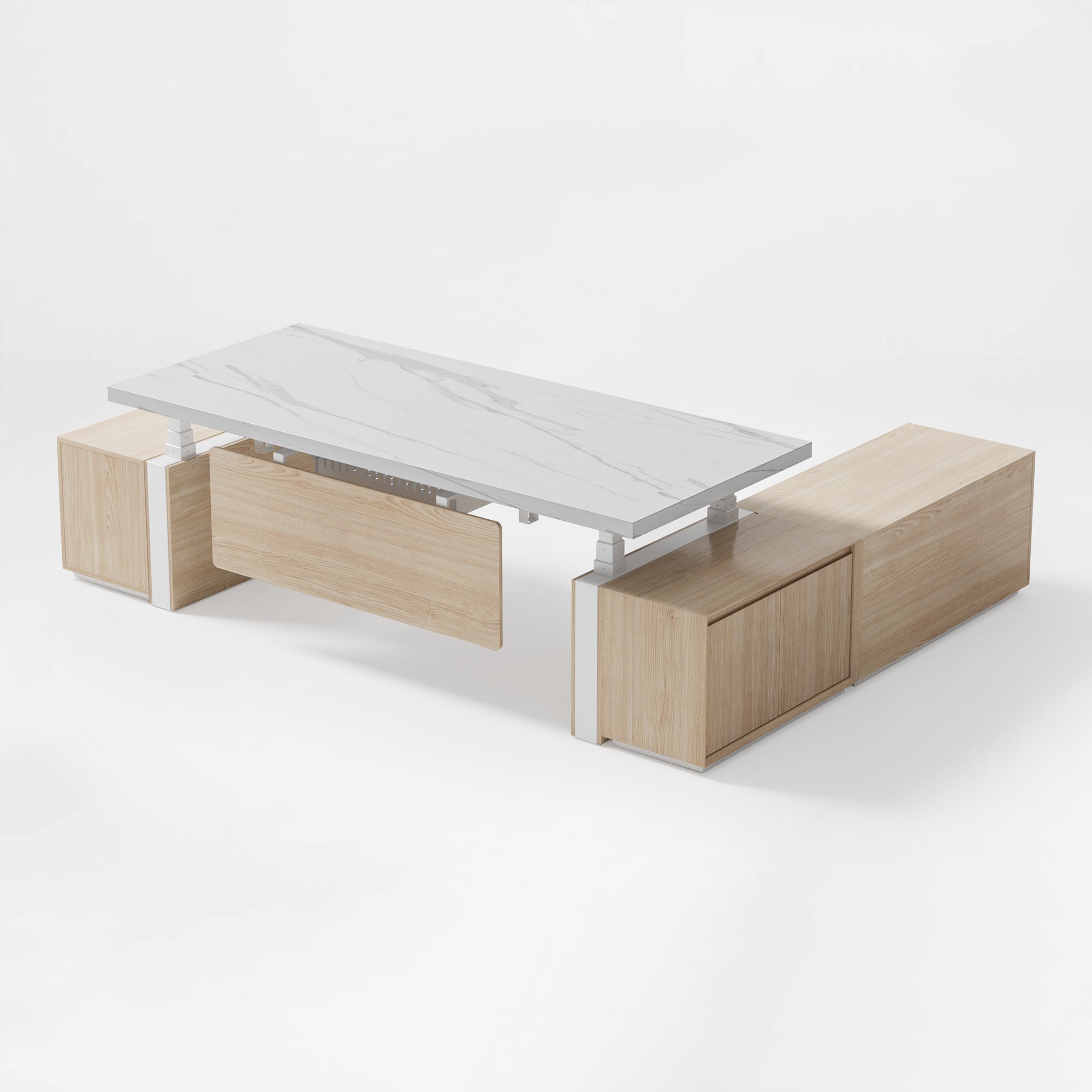 Eureka Ergonomic Zen Pro Executive Standing Desk With White Marble Top and Wood Cabinets,Overlooking.