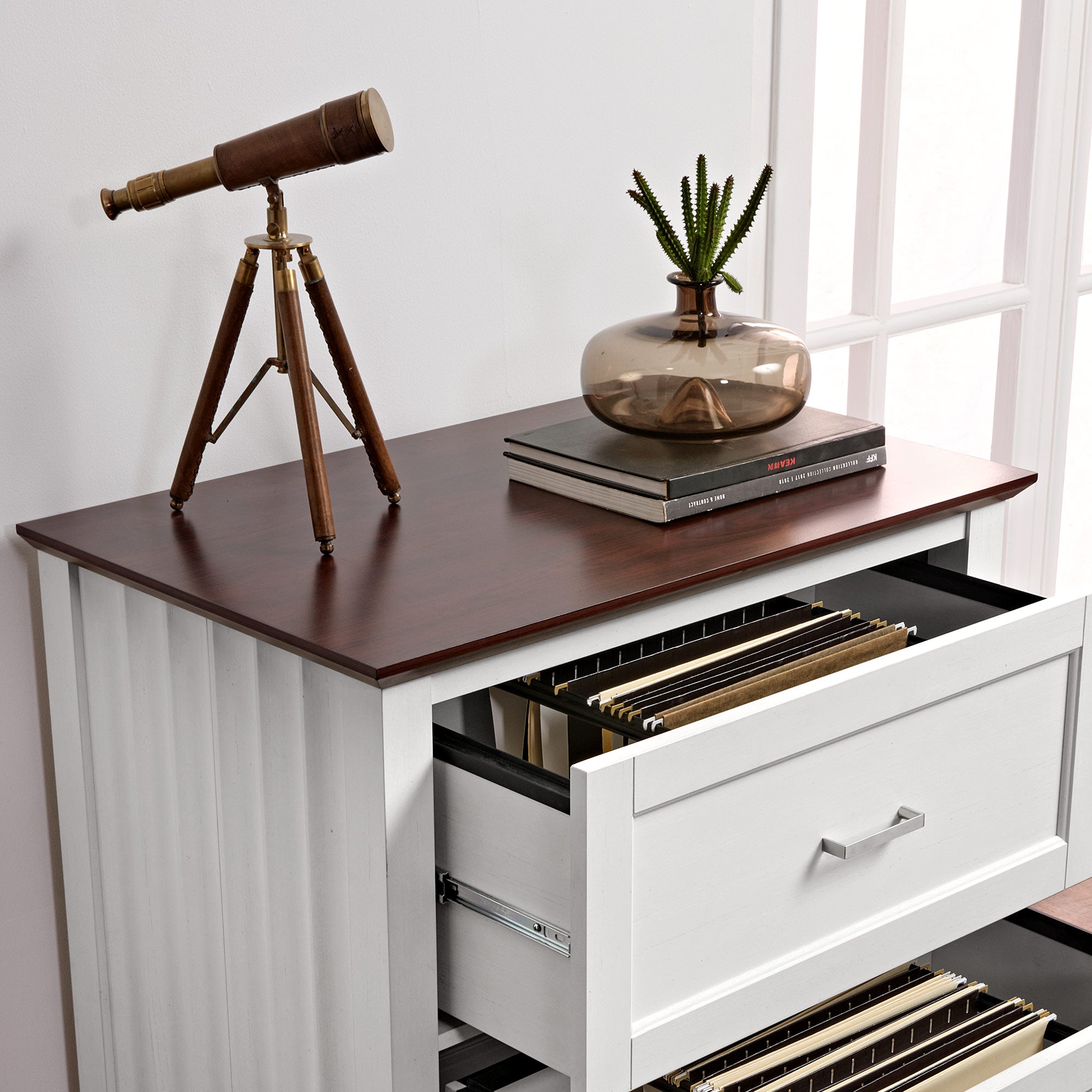 Ark Es 29 File Cabinet in Home Office, White With Brown Top, Dual-Tone Design, Showcasing File Storage.