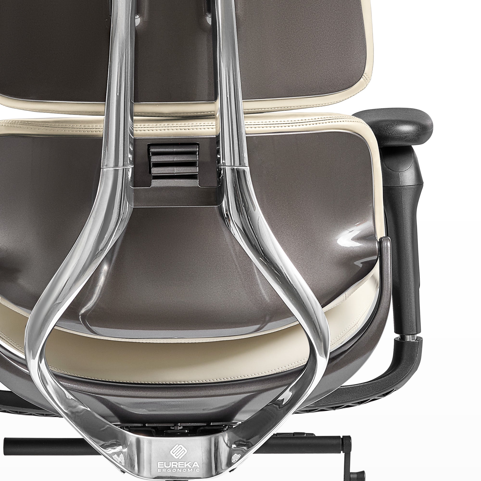Eureka Ergonomic Forma ergonomic chair rear view: curved aluminum frame, cream & gray PU leather, black armrests, stitching detail.