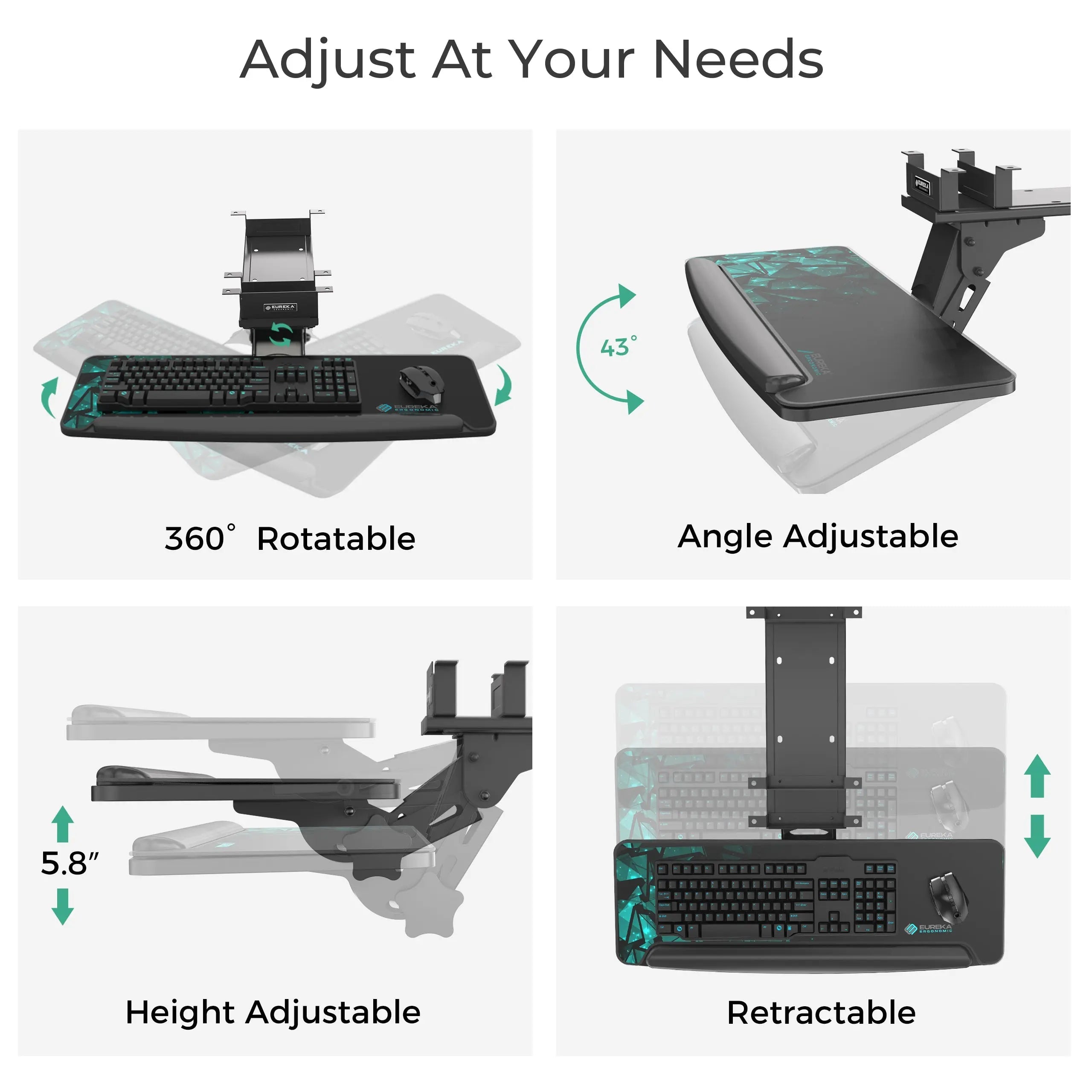 Adjustable Eureka Ergonomic Keyboard Tray, Enhancing Office Ergonomics With Rotation, Height, and Angle Adjustments.