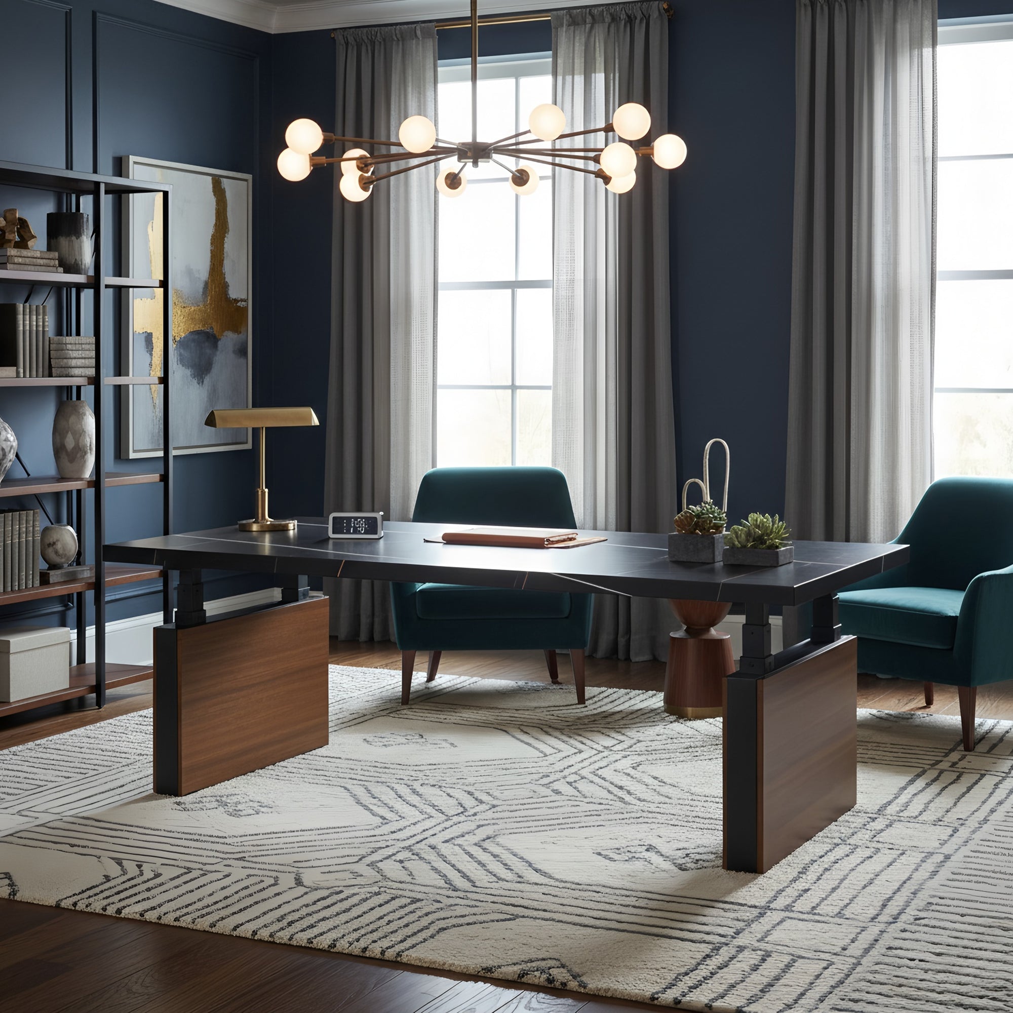 Eureka Ergonomic Zen Pro Executive Standing Desk with Sintered Stone top in a sophisticated home office with teal chairs.