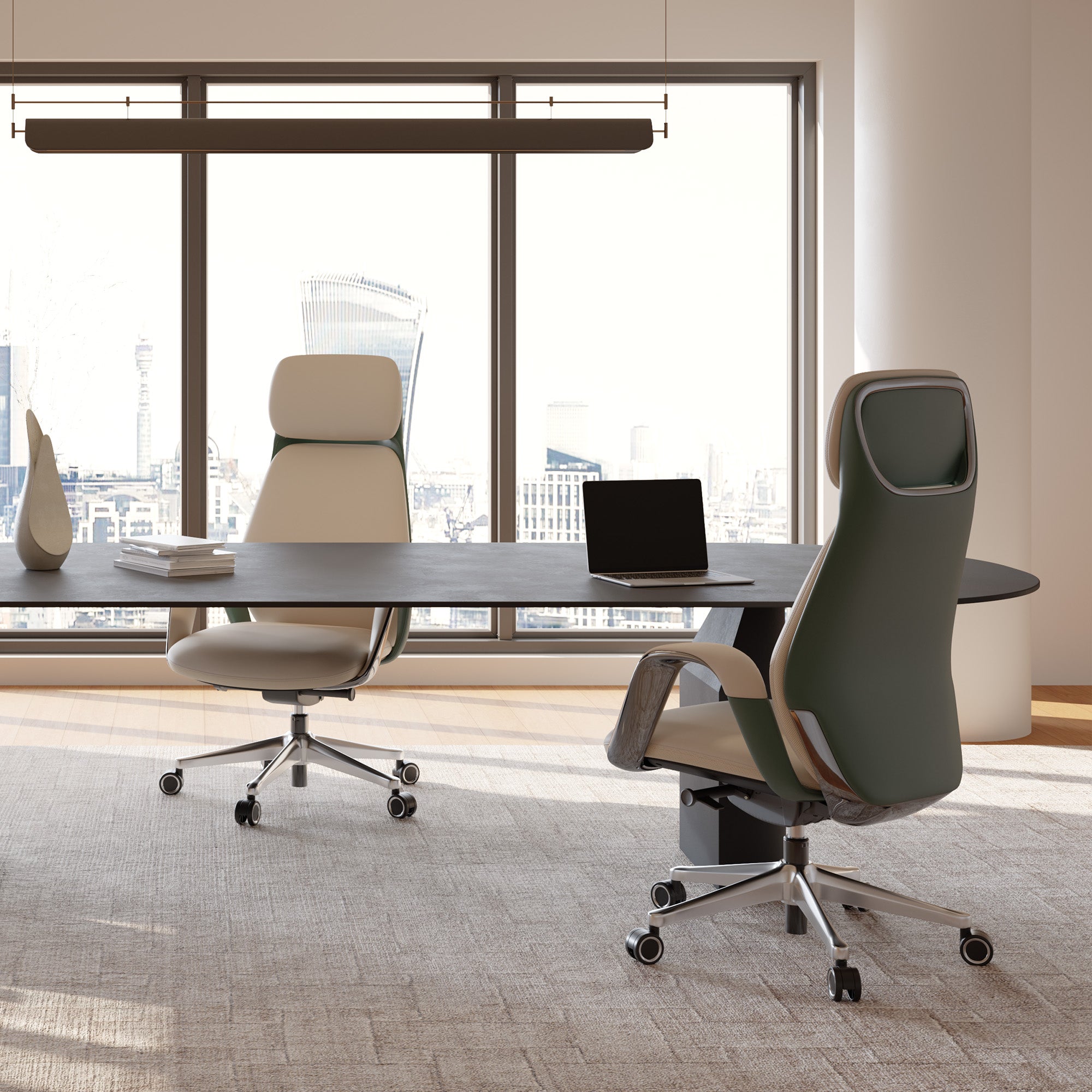 Eureka Ergonomic Two Serene Napa leather ergonomic executive office chairs in cream and green in a modern office setting.