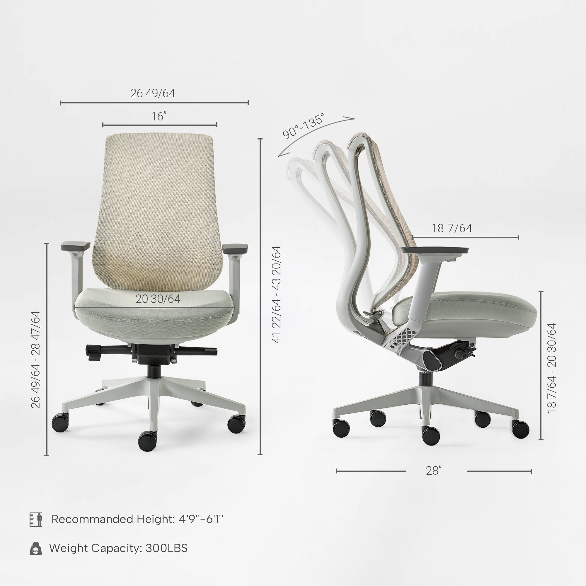 Eureka Ergonomic Lira ergonomic office chair side profile, pale gray frame, light beige mesh back, gray seat, five-star base with casters spec.