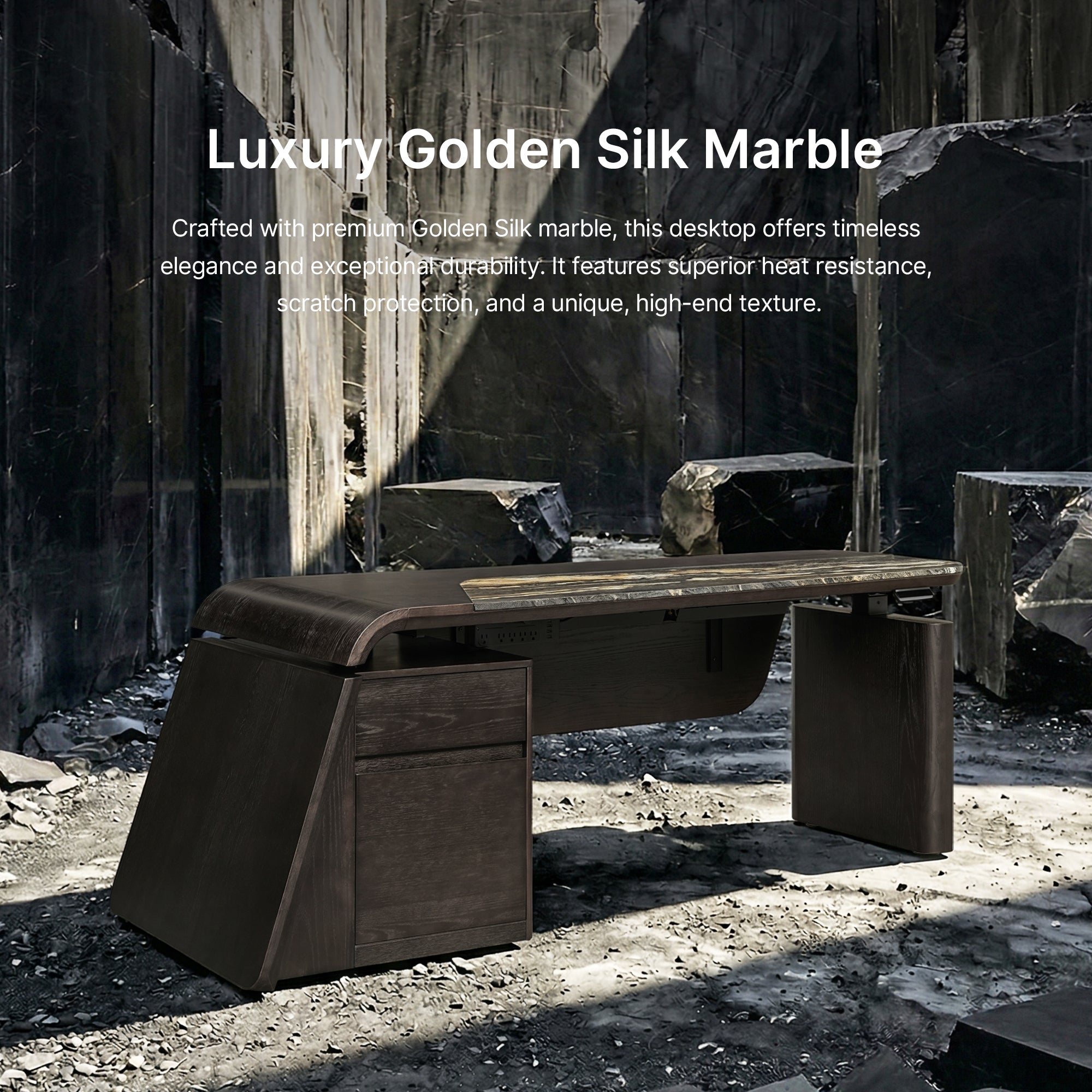 Eureka Ergonomic Magma Pro Desk with Luxury Golden Silk Marble Inlay for Timeless Elegance.
