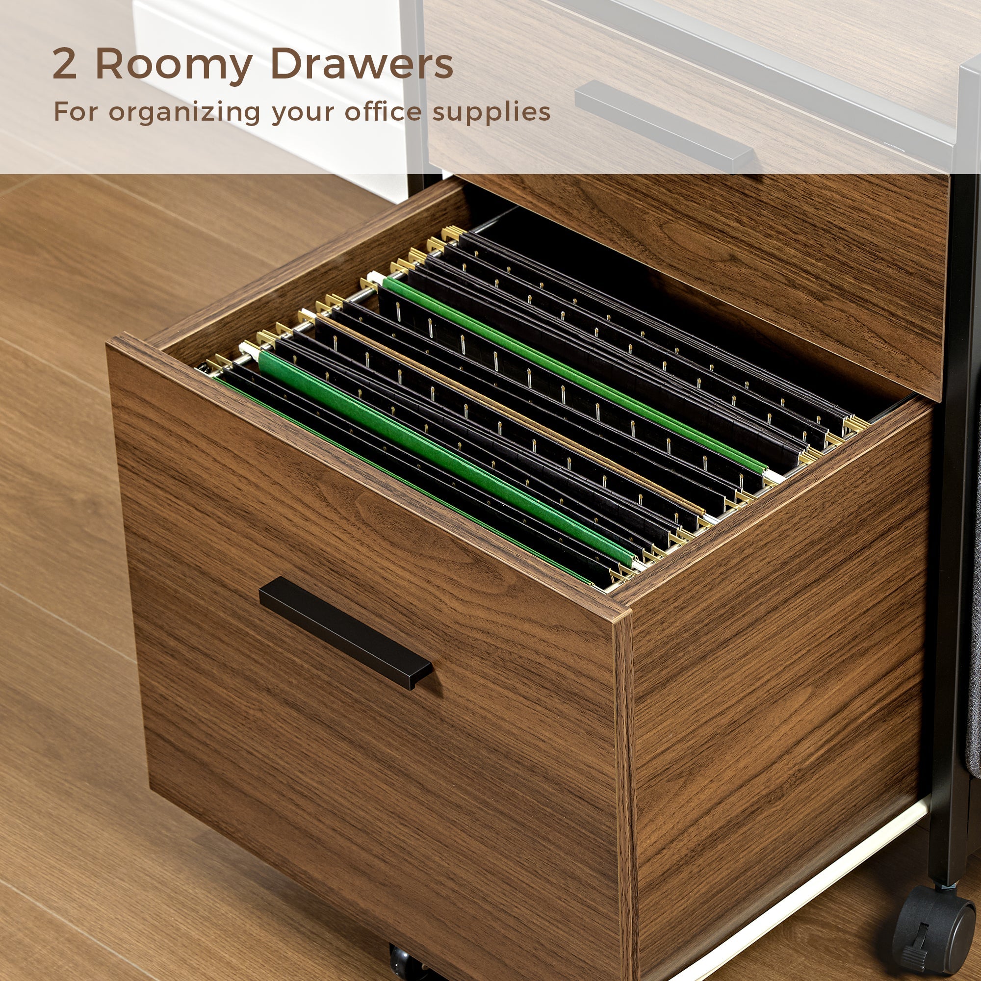 Rustic Brown Rolling File Cabinet With 2 Drawers for Office Supplies Organization.