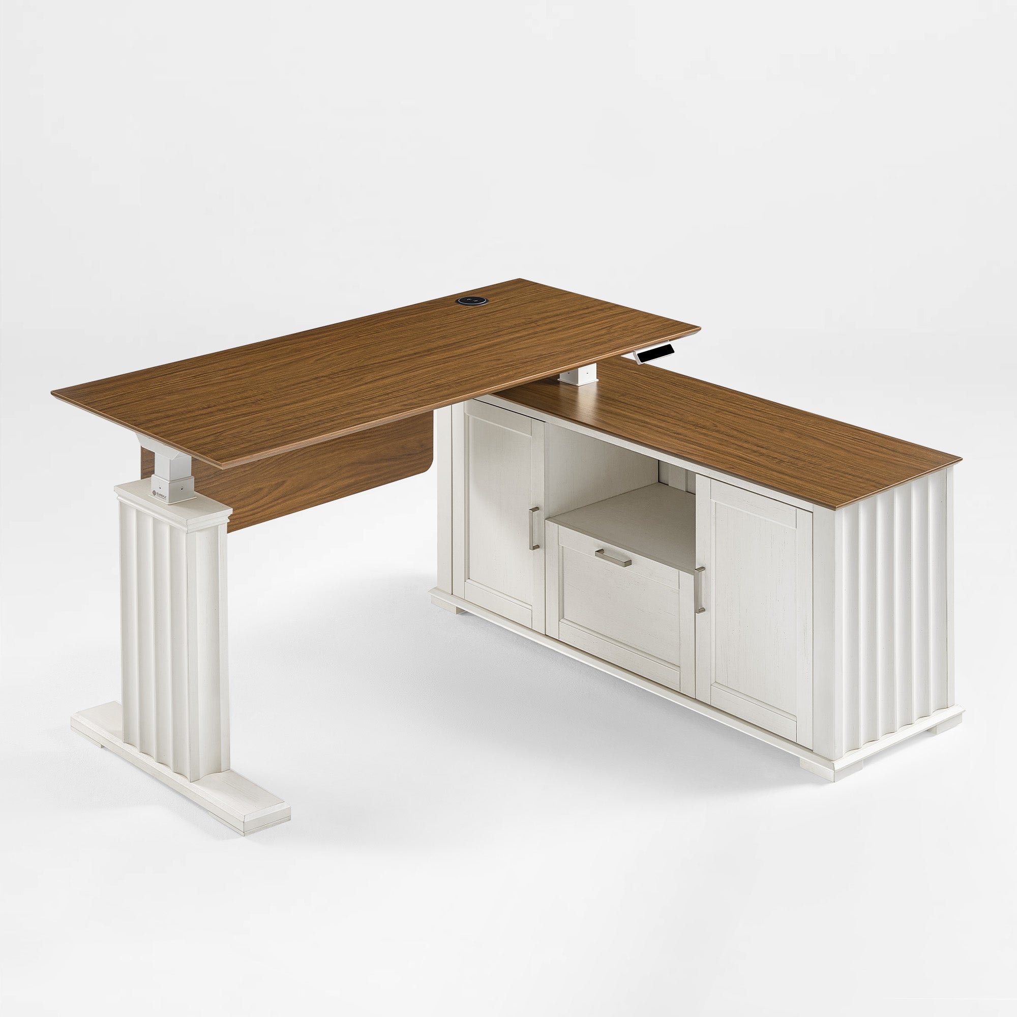 Eureka Ark Es Executive Standing Desk, Mahogany Warm Walnut Top and White Cabinet With Storage, Modern Office Furniture.