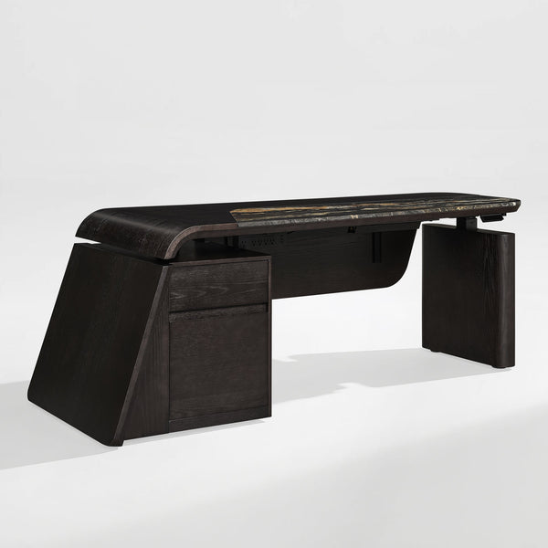 Eureka Ergonomic Magma Pro Executive Desk Front 45-Degree View with Marble Inlay and Dark Wood.