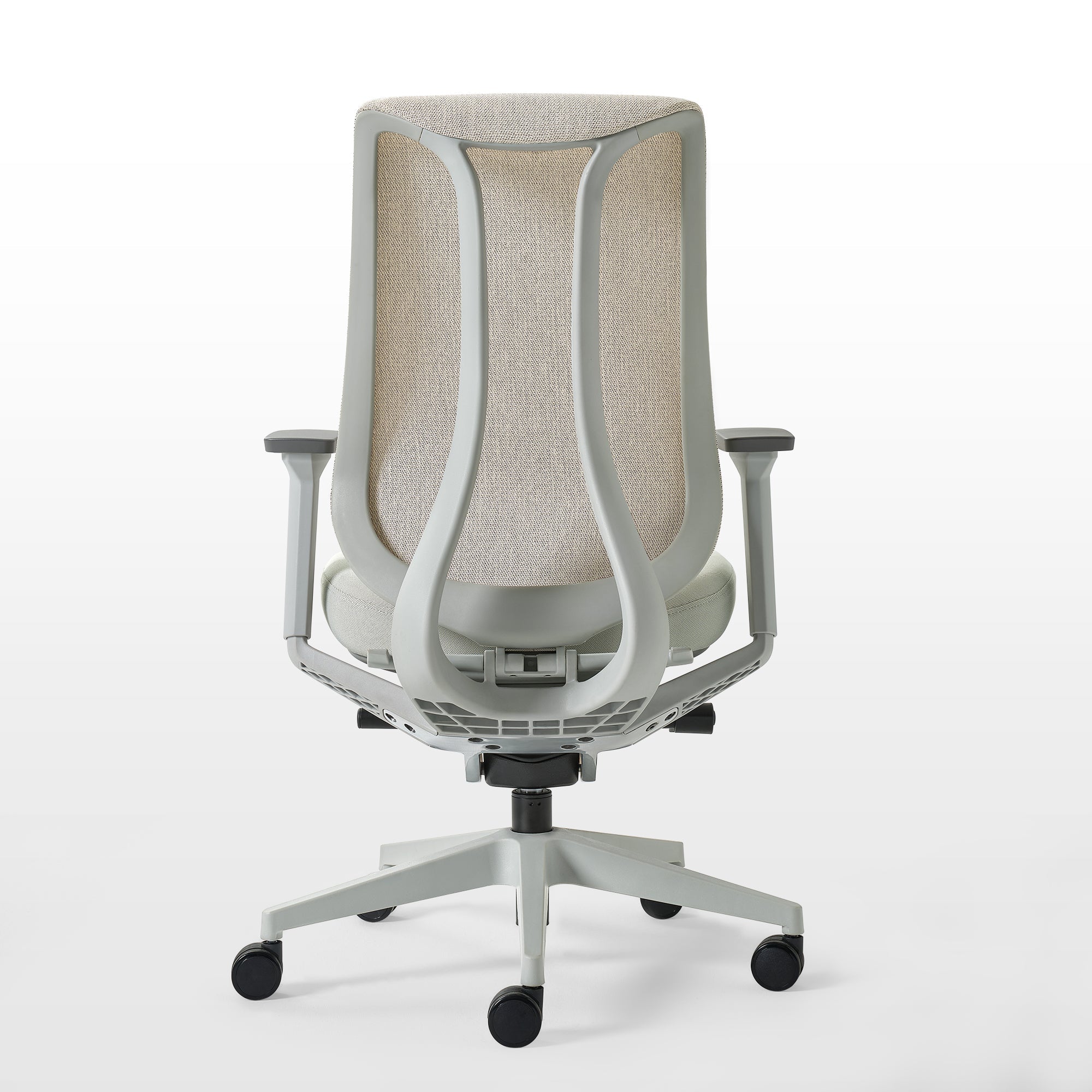 Eureka Ergonomic Lira ergonomic office chair back view with beige mesh back, light gray frame, seat, and base with casters.