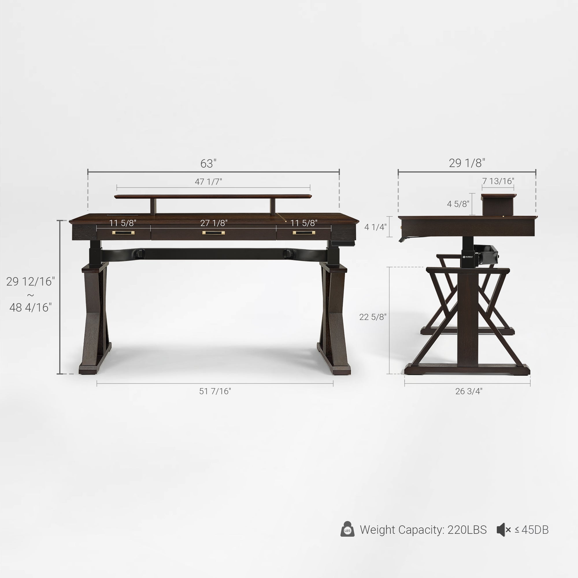 Ark Sws Pro Executive Desk, Dark Wood Finish, X-Shaped Legs, and Adjustable Height With Dimensions.