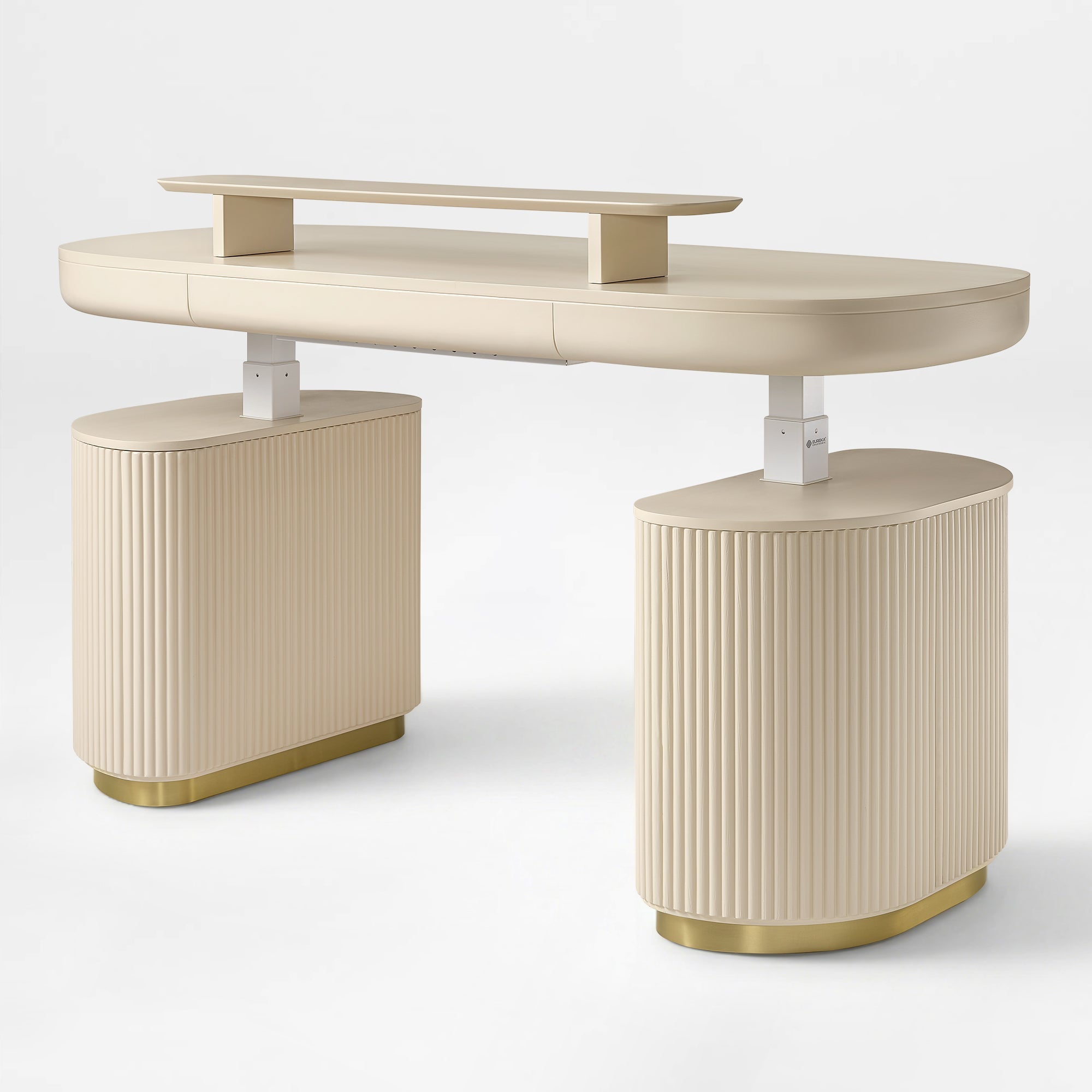 Eureka Ergonomic Opal Oval Executive Standing Desk in Light Beige, Ergonomic Office Furniture With Storage.