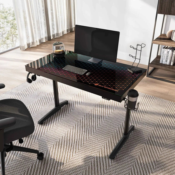 Eureka Ergonomic GTG-I43 Glass Desktop Gaming Desk With Rgb Lighting, Black Frame, Tempered Glass, and Accessories.