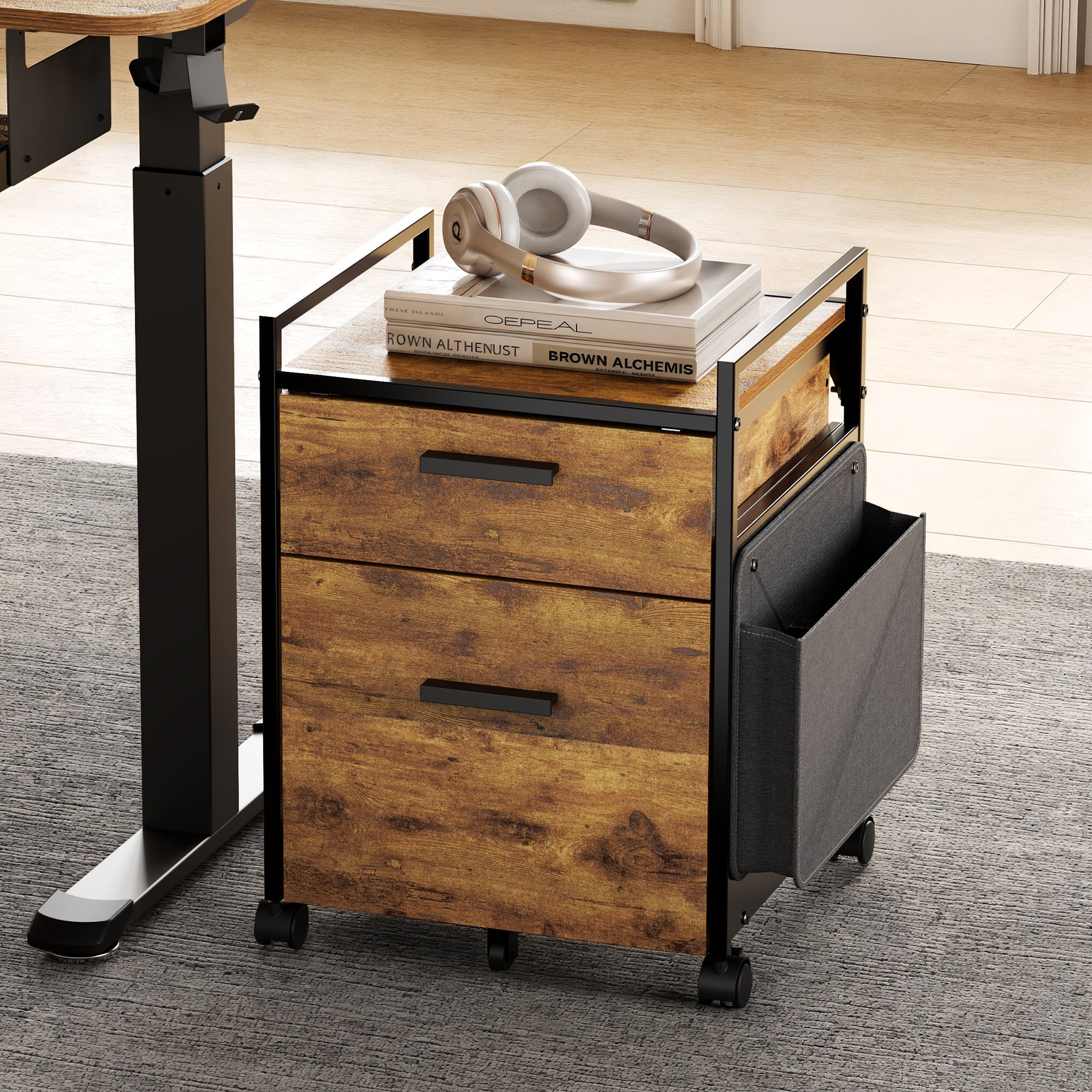 Rustic Brown Rolling File Cabinet With Drawer, Lockable Casters and Storage Bag.