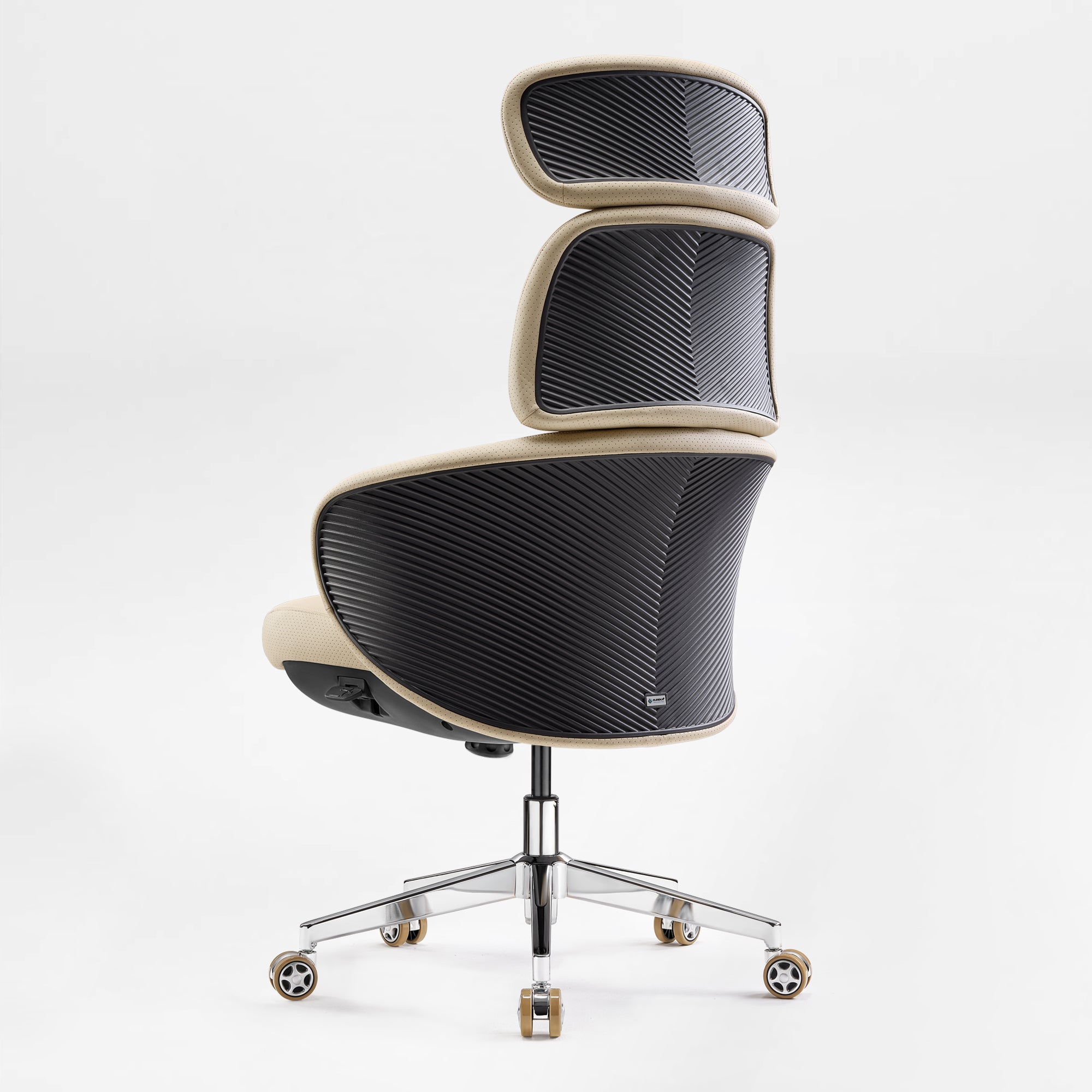 Eureka Ergonomic Royal Rowan beige microfiber leather executive chair, perforated detail, ribbed black backrest, chrome base.