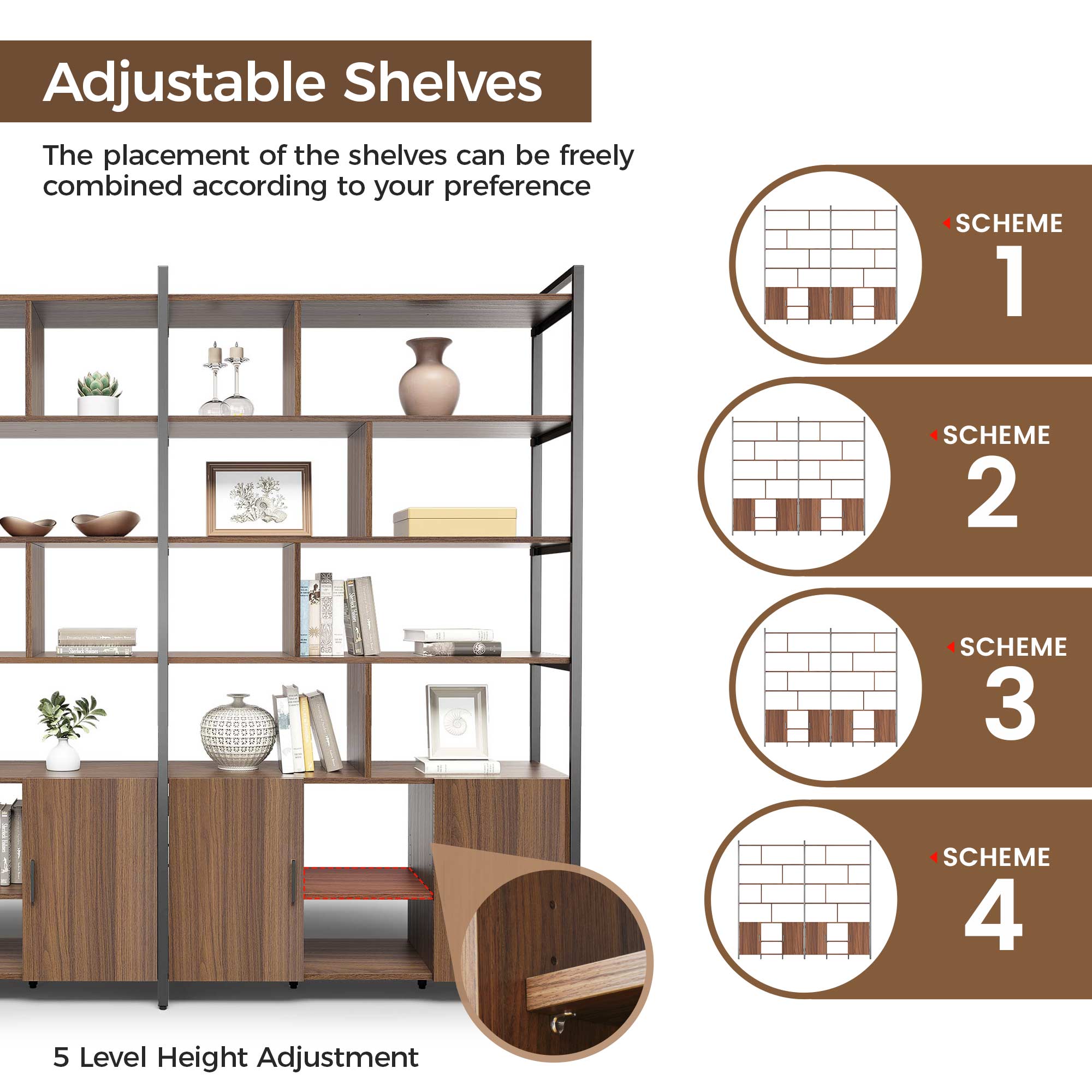 Napa Wood Bookcase Cabinet With Adjustable Shelves; 4 Arrangement Schemes for Flexible Storage.