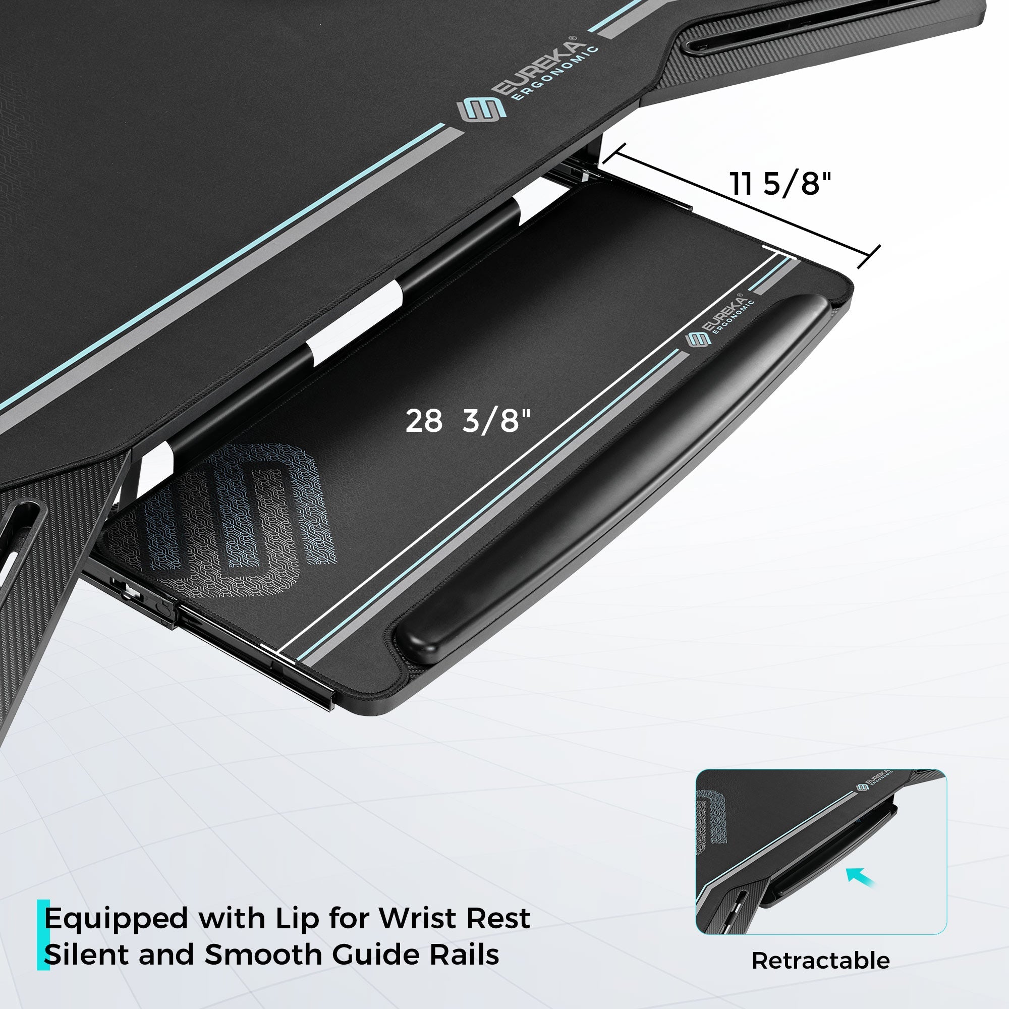Eureka Ergonomic studio desk retractable keyboard tray 28 3/8" x 11 5/8" with wrist rest and smooth rails.