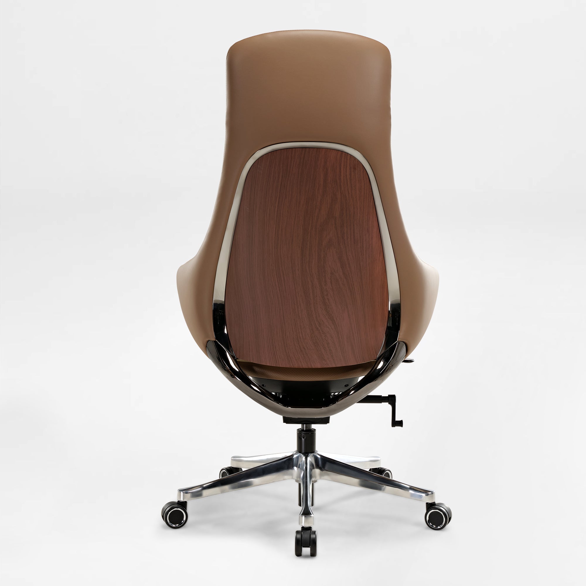 Eureka Ergonomic Serene Ella executive chair rear view: tan Napa leather, polished wood panel, chrome accents, five-star base with casters.