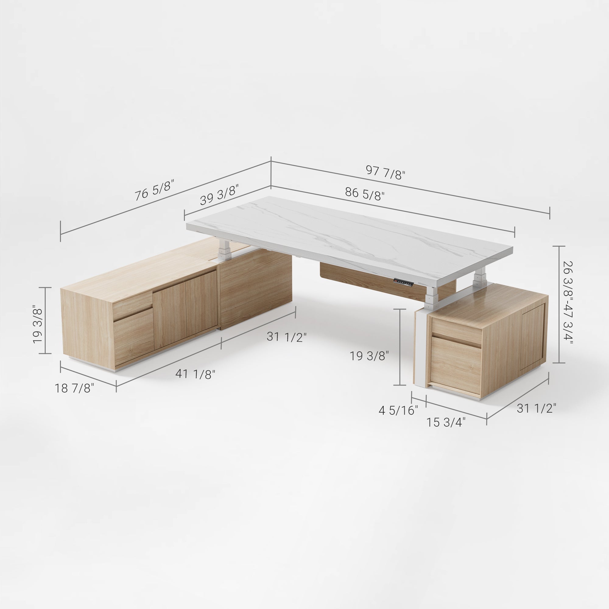 Eureka Ergonomic Zen Pro Executive Standing Desk With Dimensions, White Marble Top and Wood Cabinets.