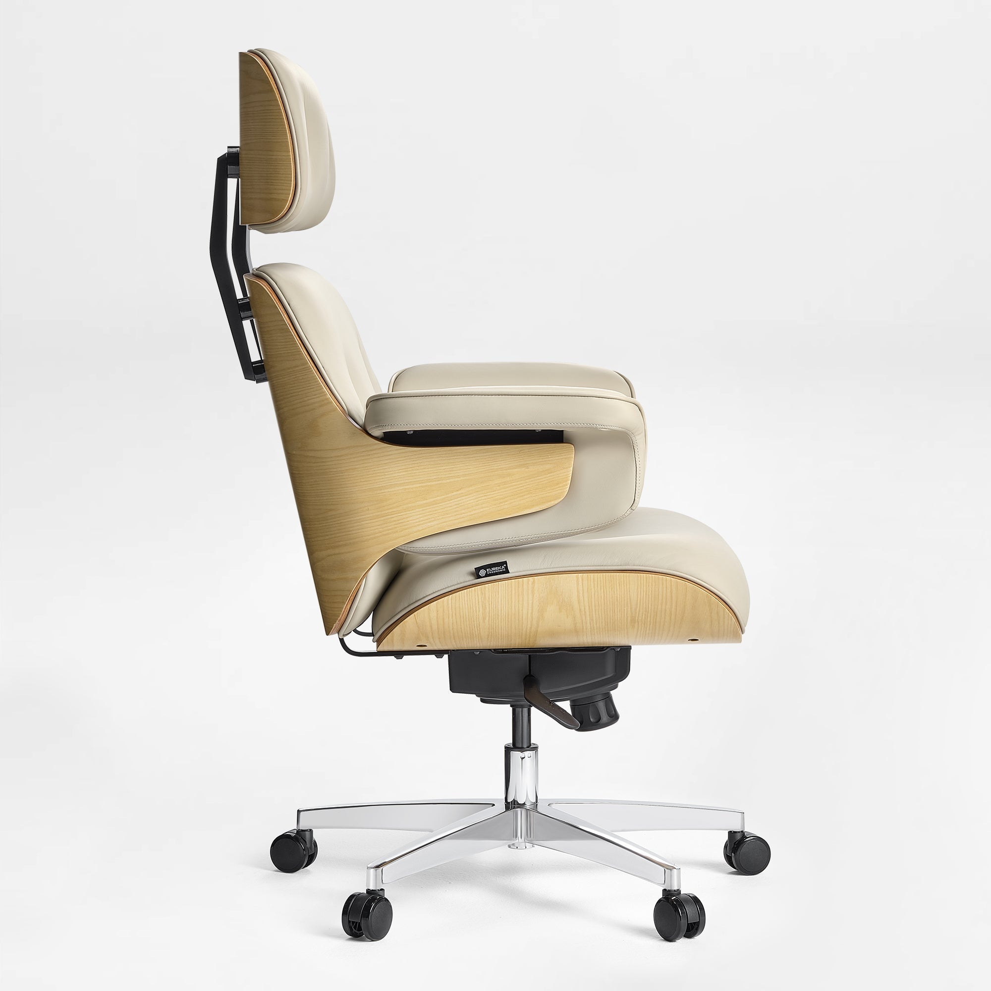 Eureka Ergonomic Mathias light beige Napa leather executive chair side view with natural wood veneer shell on a silver five-wheel base.