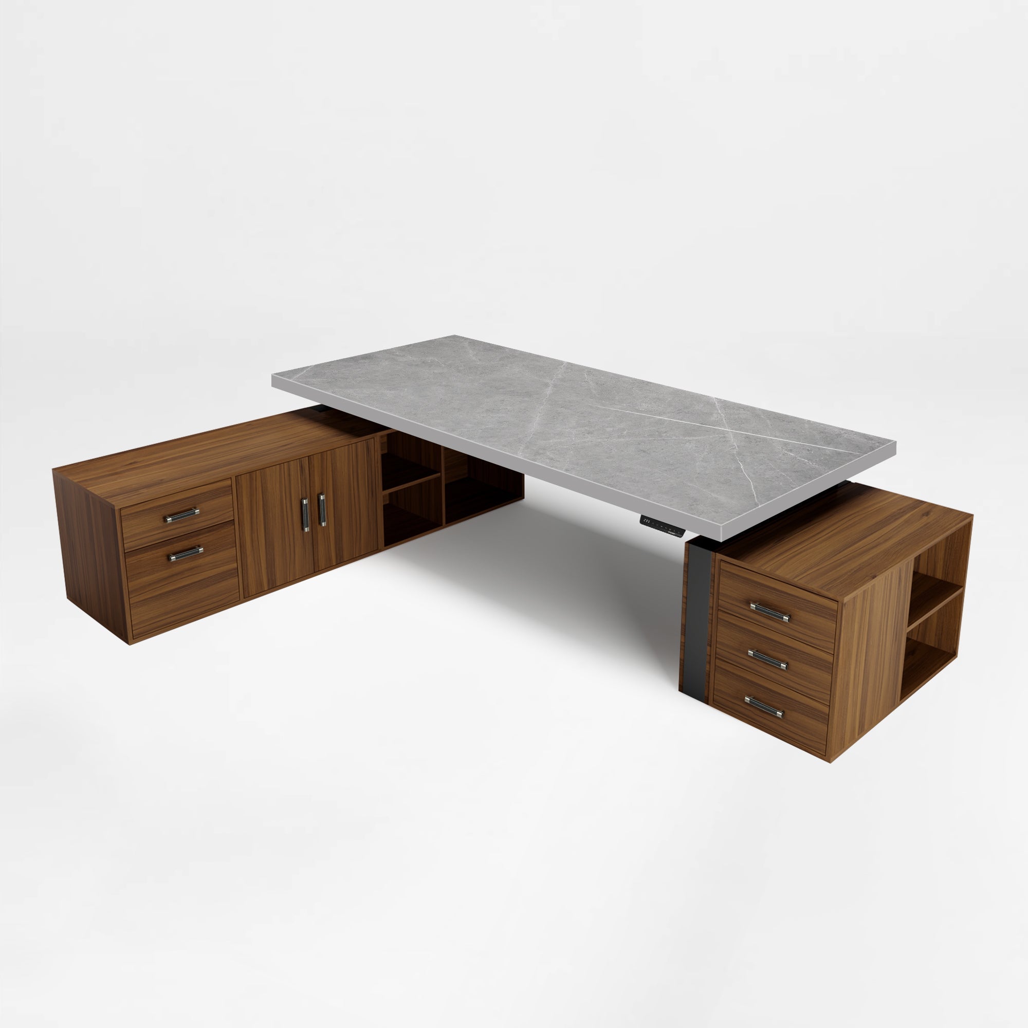 Zen Pro Executive Standing Desk With Sintered Stone Top and Wood Cabinets.