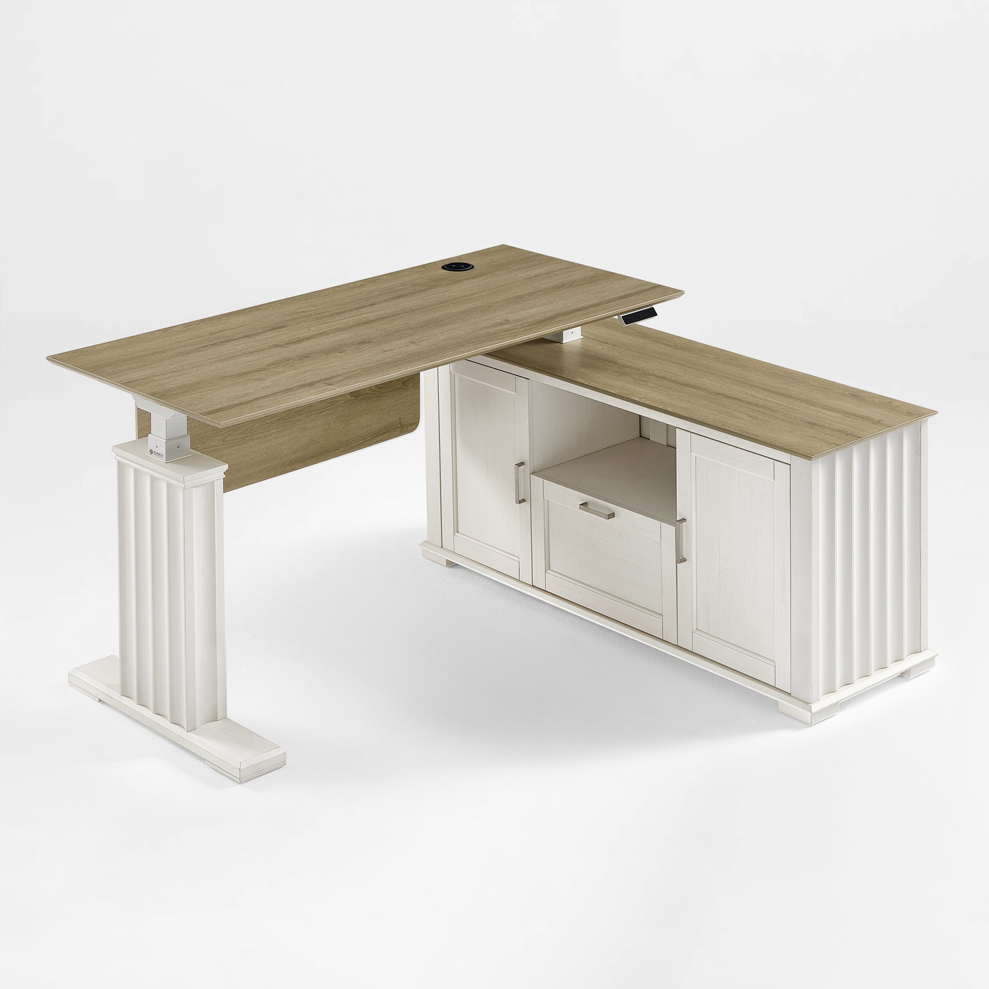 Eureka Ark Es Executive Standing Desk, Mahogany Sonoma Oak Top and White Cabinet With Storage, Modern Office Furniture.