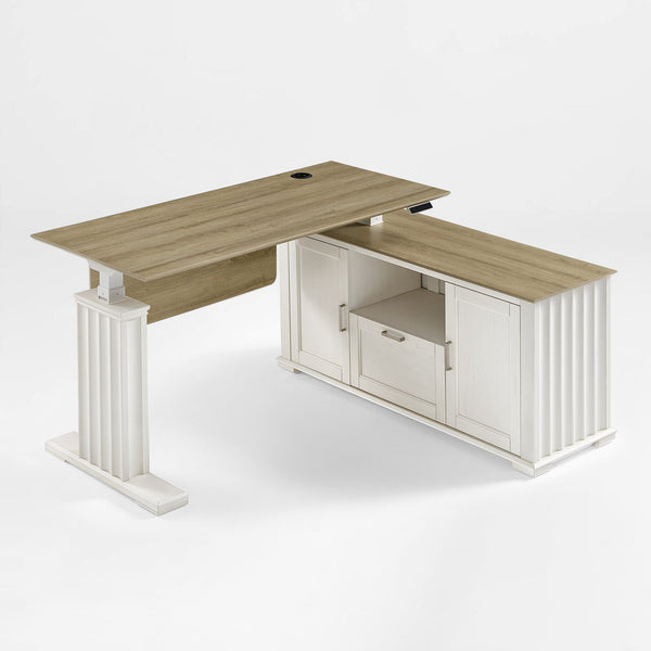 Eureka Ark Es Executive Standing Desk, Mahogany Sonoma Oak Top and White Cabinet With Storage, Modern Office Furniture.