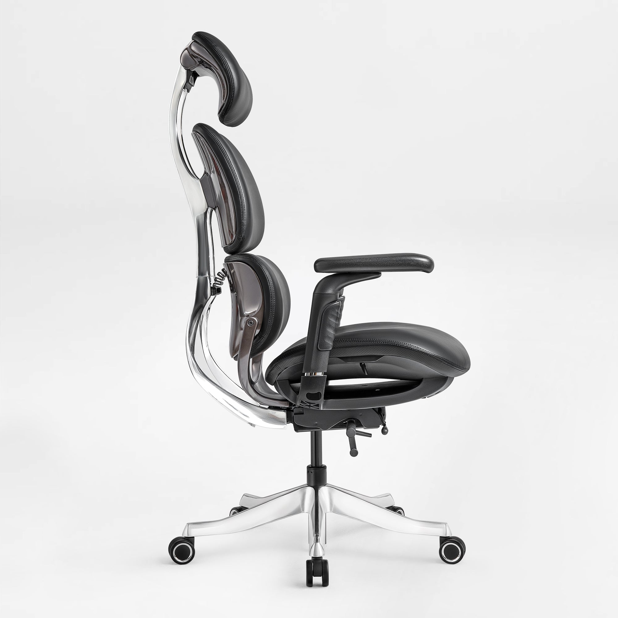 Eureka Ergonomic Black Forma ergonomic chair side view: aluminum frame, PU leather, adjustable headrest, aluminum base.
