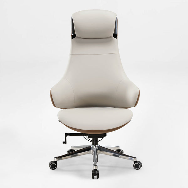 Eureka Ergonomic Serene Ella executive chair in dual-tone cream and tan Napa leather with chrome accents and wheeled base.