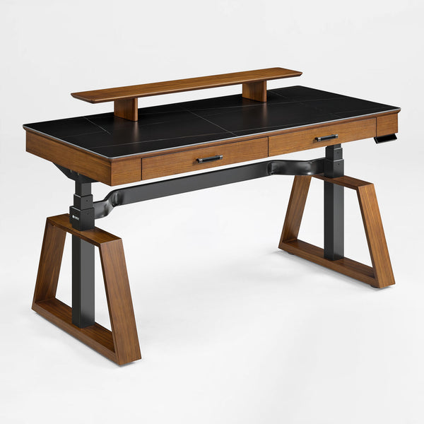 Eureka Ergonomic Ark Executive Standing Desk with black sintered stone top and walnut veneer.